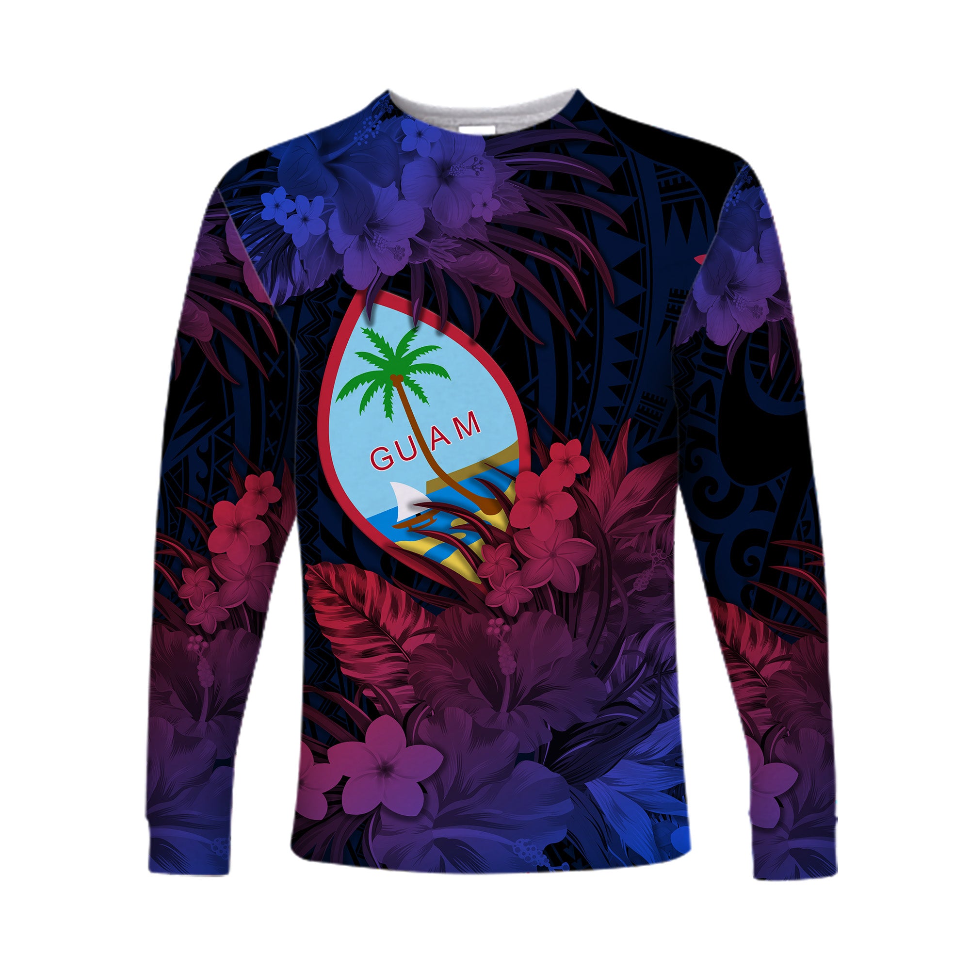 Guam Polynesian Long Sleeve Shirt Tropical Flowers - Gradient Vibes LT8 Unisex Blue - Polynesian Pride