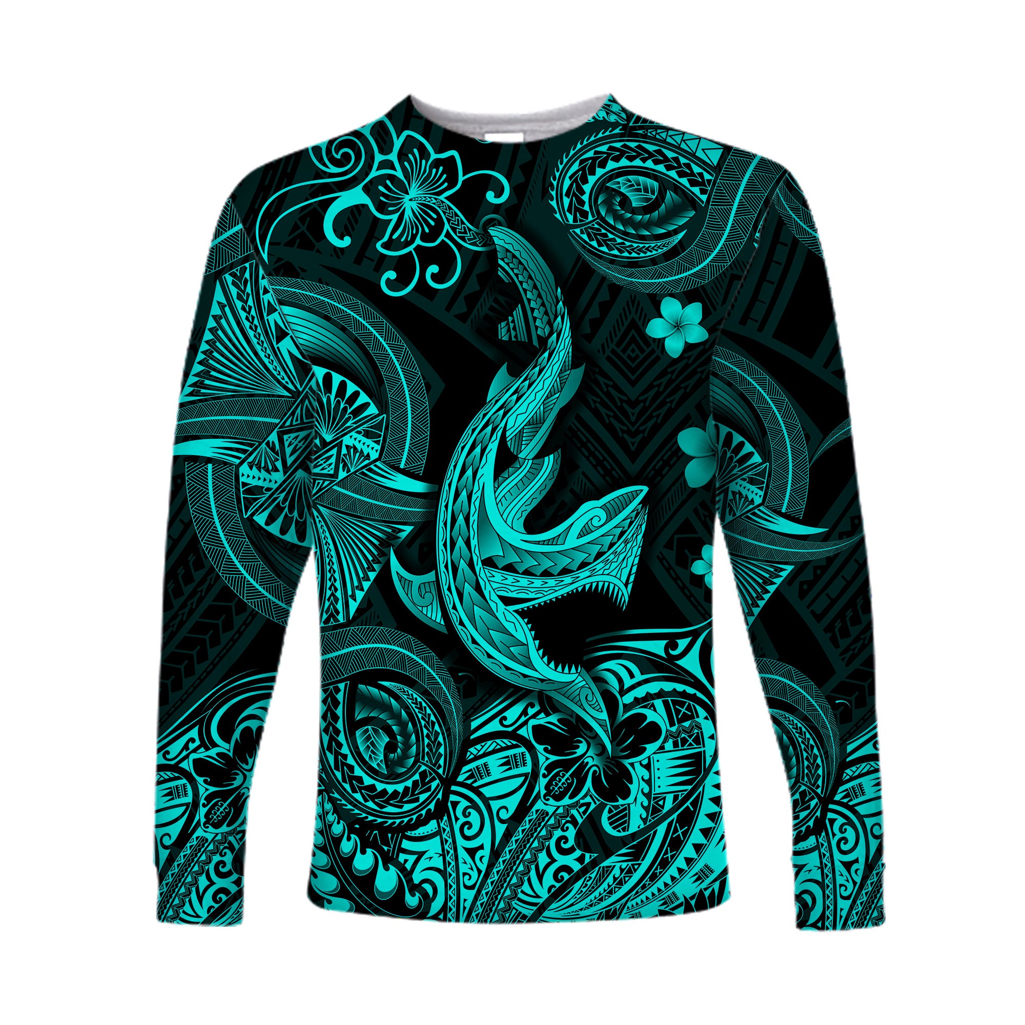 Hawaii Angry Shark Polynesian Long Sleeve Shirt Unique Style - Turquoise LT8 - Polynesian Pride