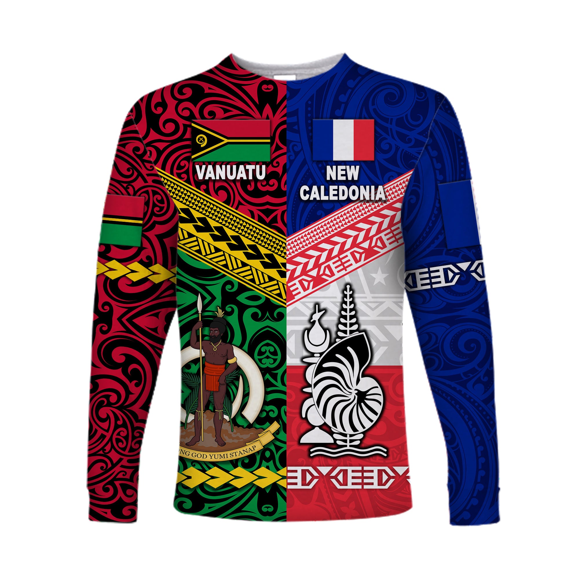 Vanuatu And New Caledonia Flag Style Long Sleeve Shirt Together LT8 Unisex Blue - Polynesian Pride