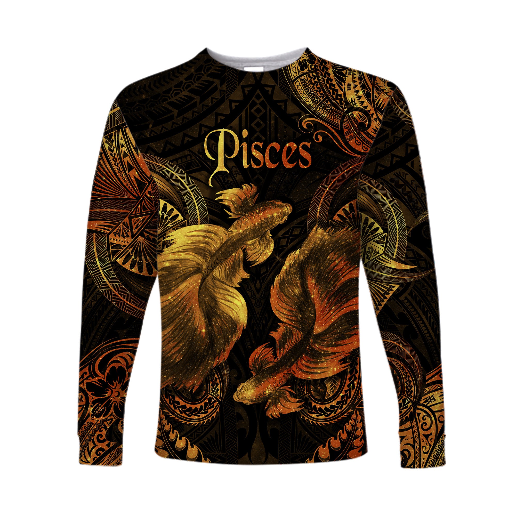 (Custom Personalised) Pisces Zodiac Polynesian Long Sleeve Shirt Unique Style - Gold LT8 Unisex Gold - Polynesian Pride