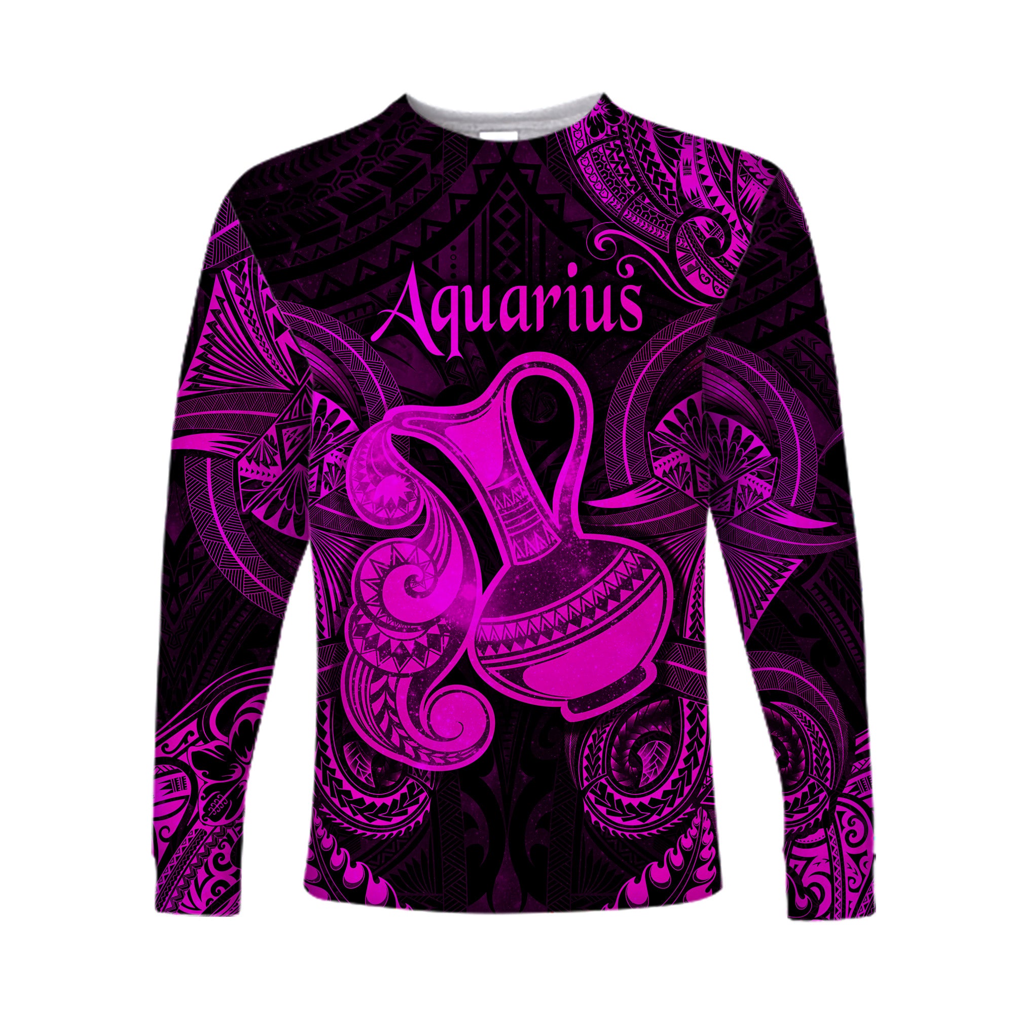 (Custom Personalised) Aquarius Zodiac Polynesian Long Sleeve Shirt Unique Style - Pink LT8 Unisex Pink - Polynesian Pride