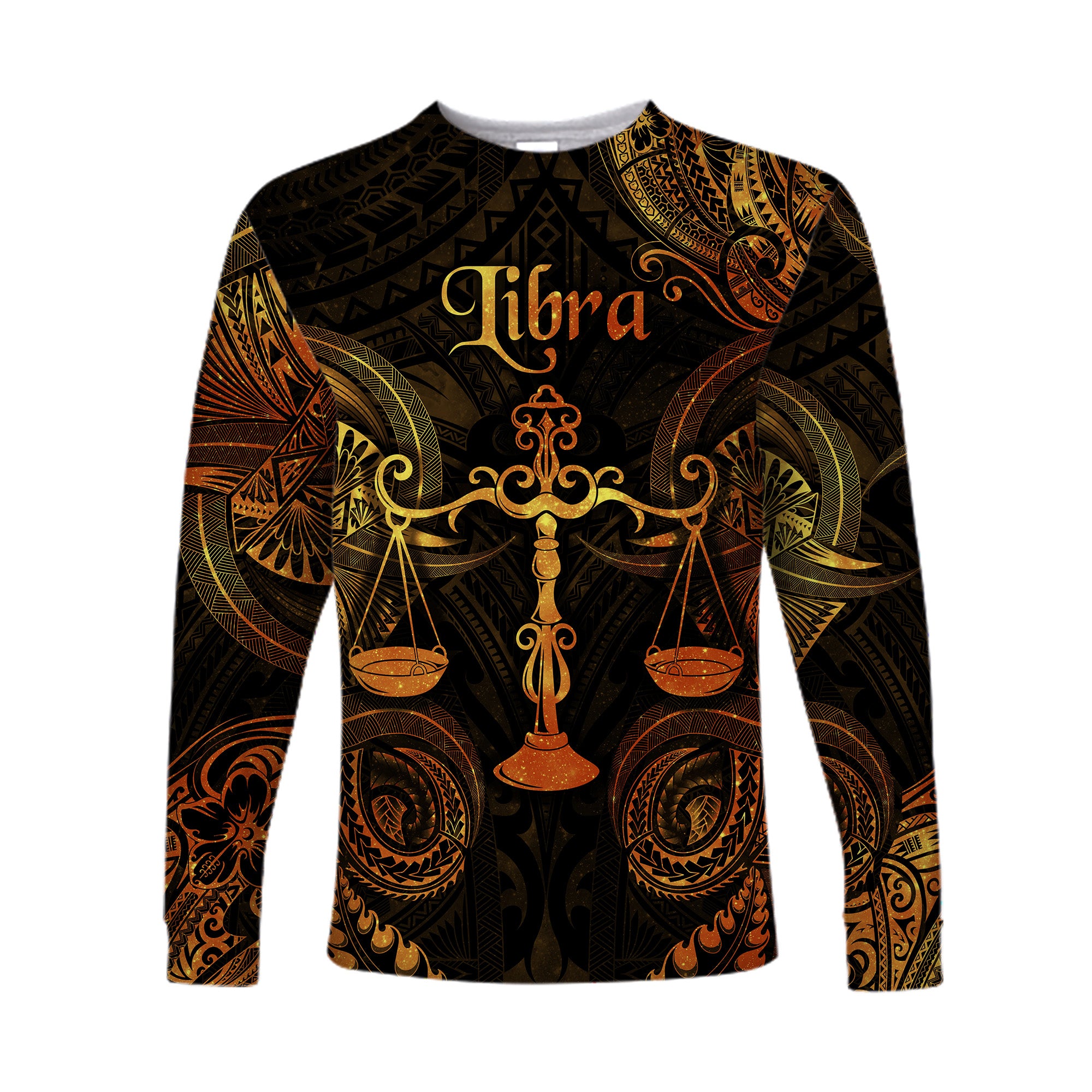 (Custom Personalised) Libra Zodiac Polynesian Long Sleeve Shirt Unique Style - Gold LT8 Unisex Gold - Polynesian Pride