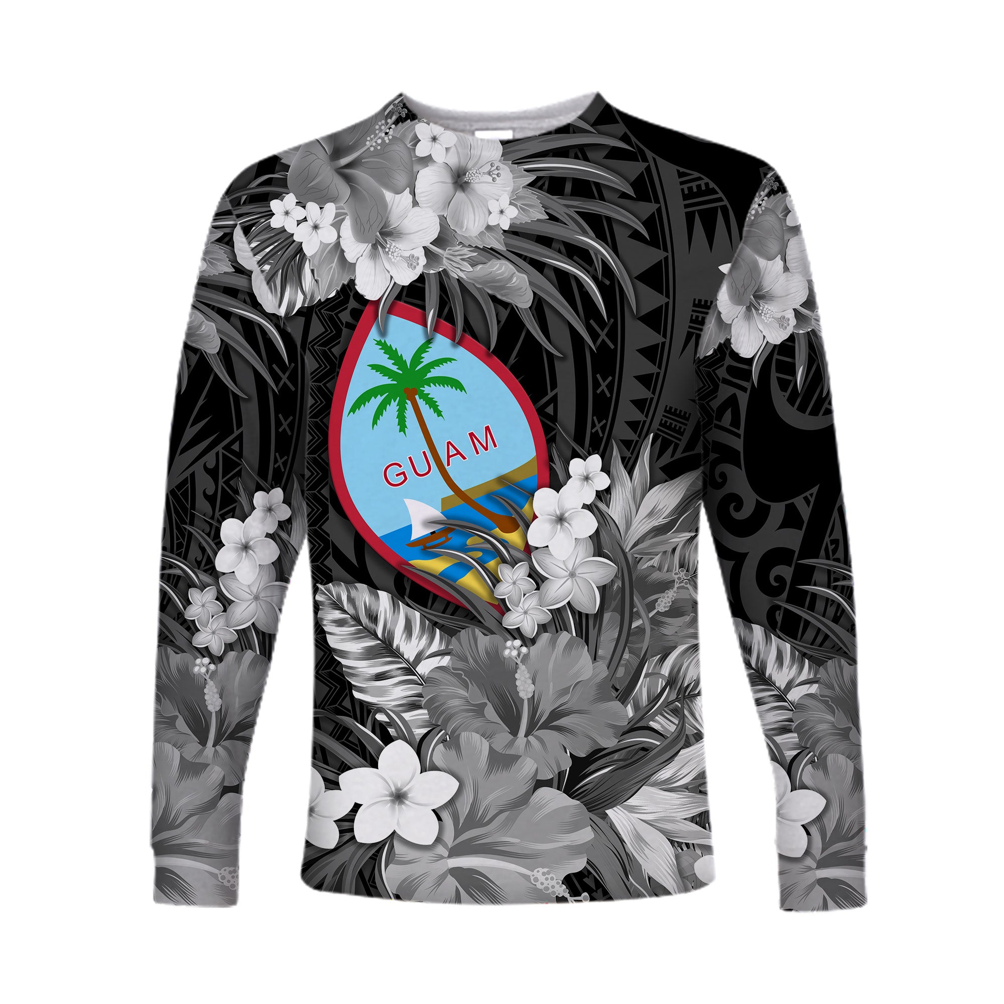 Guam Polynesian Long Sleeve Shirt Tropical Flowers - Black LT8 Unisex Black - Polynesian Pride