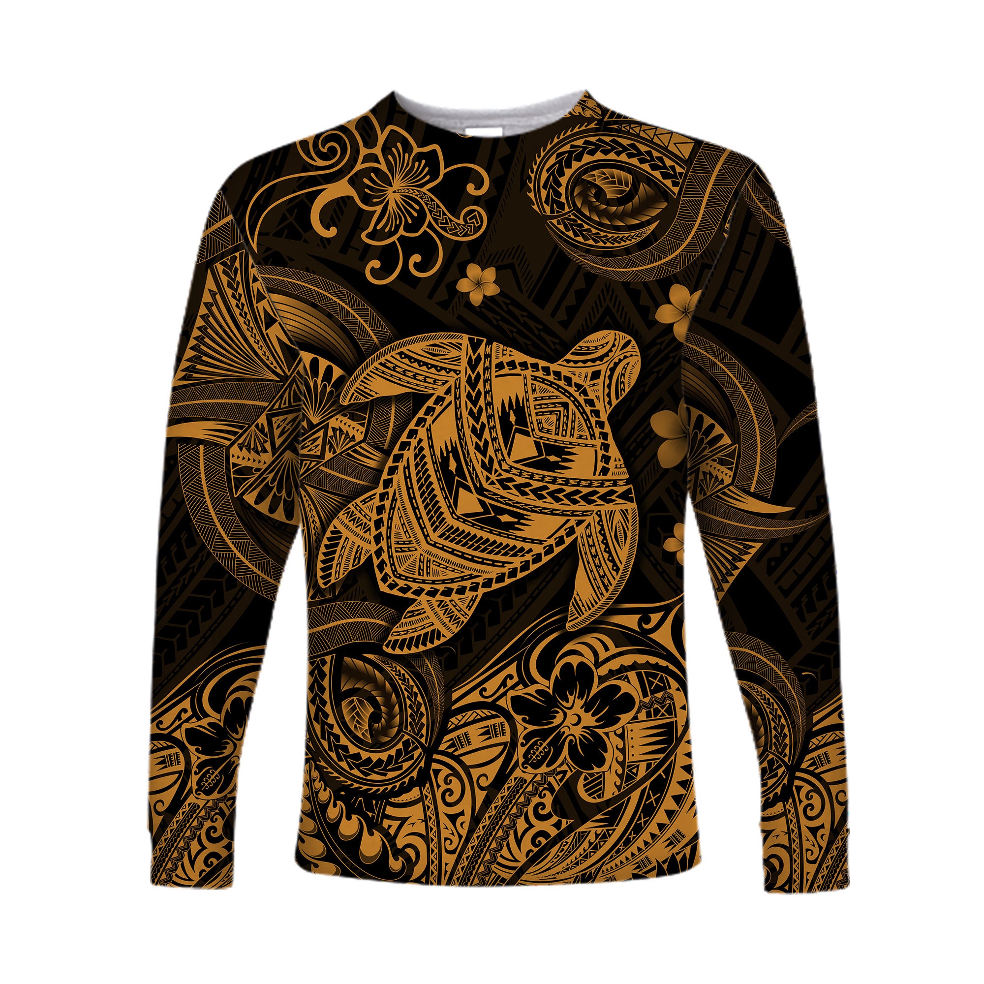 (Custom Personalised) Hawaii Turtle Polynesian Long Sleeve Shirt Plumeria Flower Unique Style - Gold LT8 Unisex Gold - Polynesian Pride