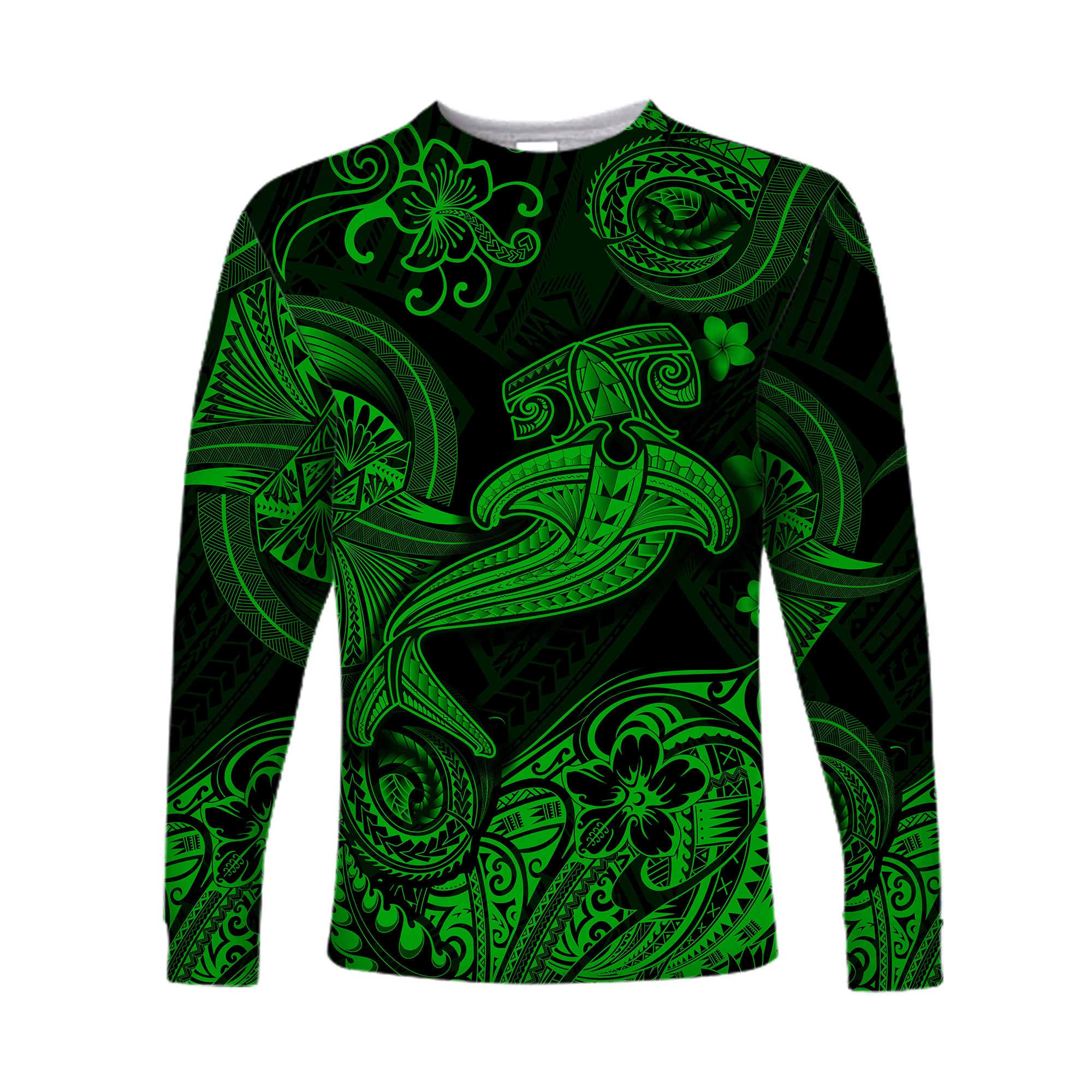 (Custom Personalised) Hawaii Hammer Shark Polynesian Long Sleeve Shirt Unique Style - Green LT8 - Polynesian Pride