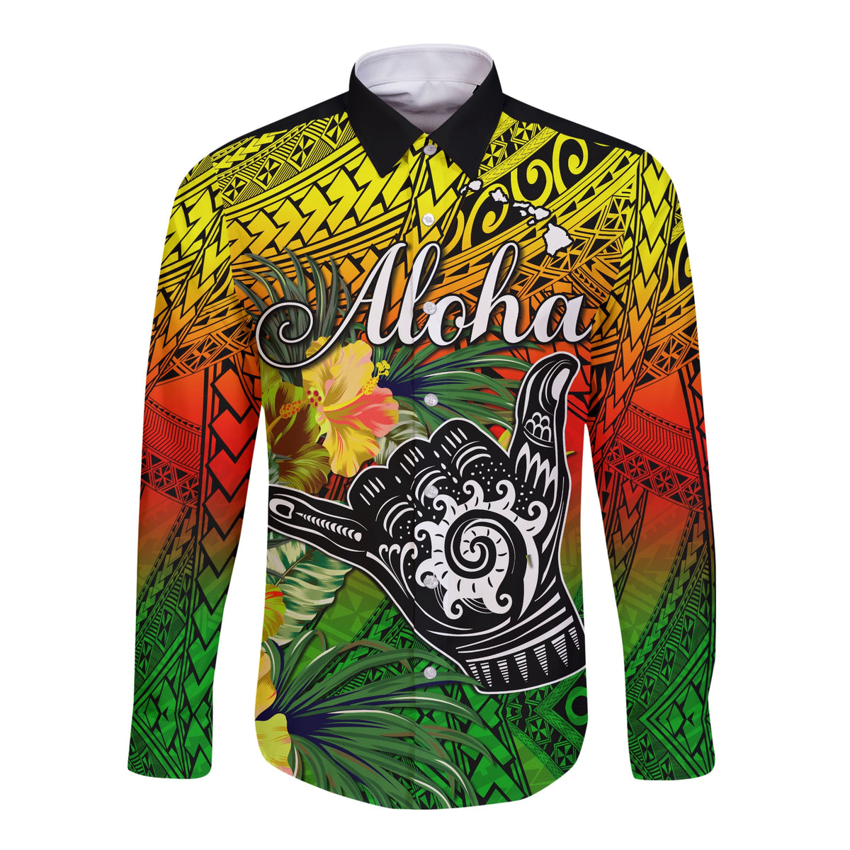(Custom Personalised) The Shaka Hawaii Long Sleeve Button Shirt Tropical Flowers Reggae Version LT13 - Polynesian Pride