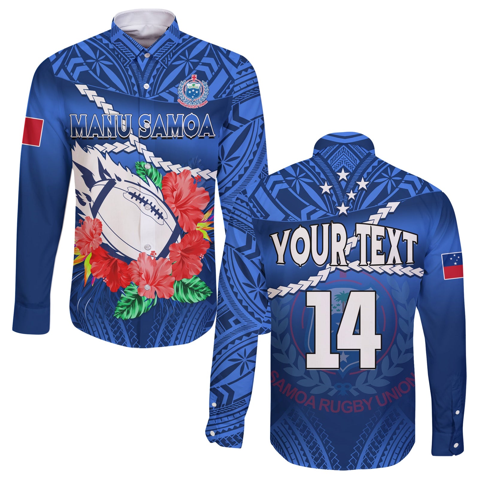 (Custom Text And Number) Samoa Rugby Long Sleeve Button Shirt Manu Samoa Polynesian Hibiscus Blue Style LT14 Unisex Blue - Polynesian Pride