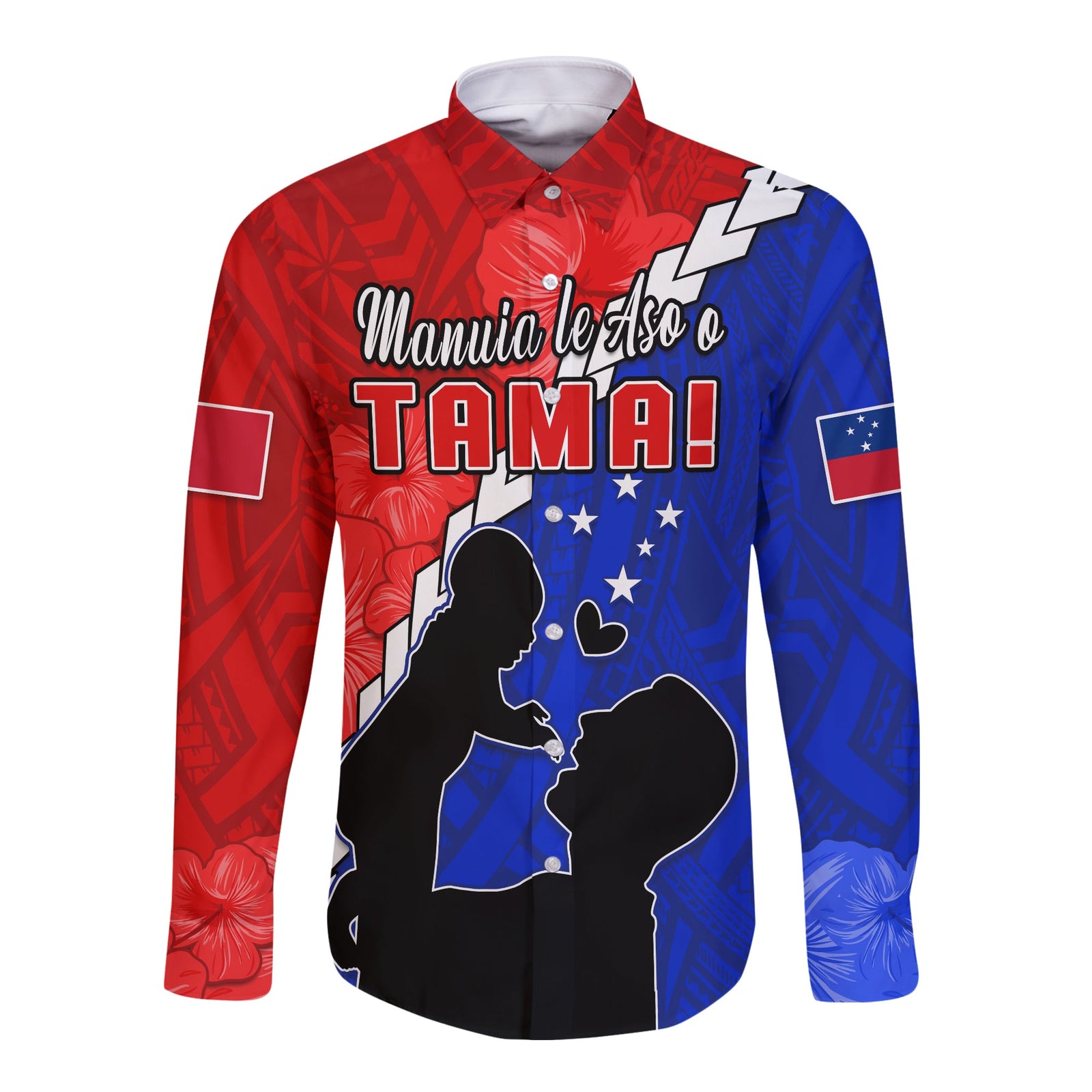 Happy Samoan Fathers Day Long Sleeve Button Shirt Hibiscus Mix Polynesian Pattern LT14 Unisex Red - Polynesian Pride