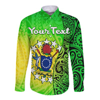 (Custom Personalised) Cook Islands Long Sleeve Button Shirt Cook Islands Coat Of Arms Turtle Polynesian LT14 Unisex Green - Polynesian Pride