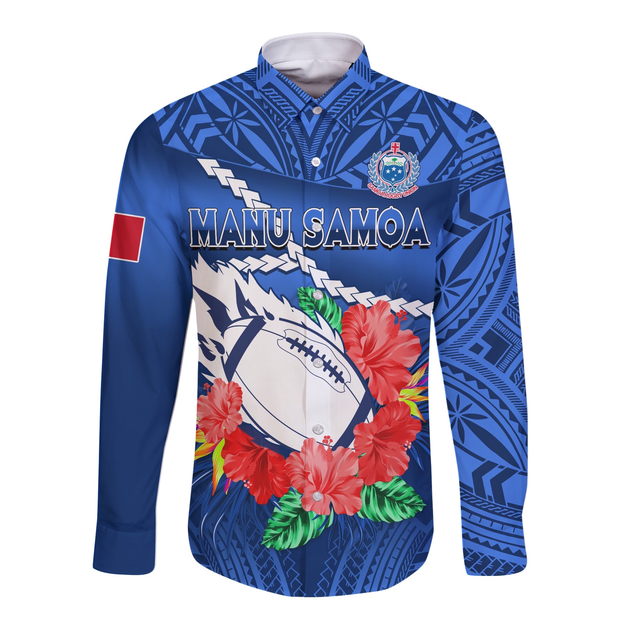 Samoa Rugby Long Sleeve Button Shirt Manu Samoa Polynesian Hibiscus Blue Style LT14 Unisex Blue - Polynesian Pride