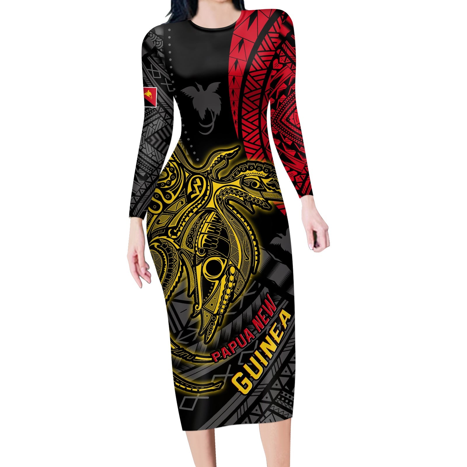 (Custom Personalised) Papua New Guinea Long Sleeves Dress Raggiana Birds Of Paradise Happy 47th Independence Day LT13 Polyester/spandex Black - Polynesian Pride