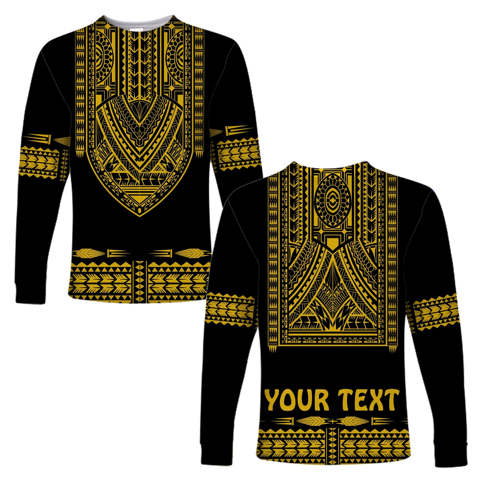 (Custom Personalised) Polynesian Long Sleeve Shirt Dashiki With Polynesian Tattoo Royal Golden Version LT14 Unisex Black - Polynesian Pride