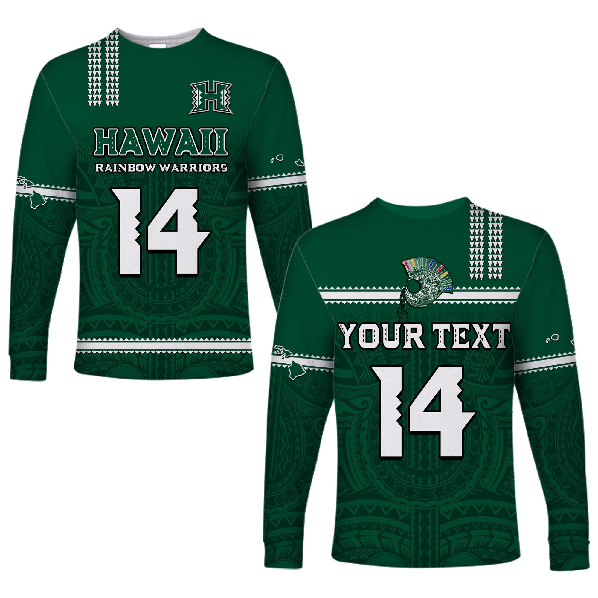 (Custom Text And Number) Hawaii Football Long Sleeve Shirt Kakau Rainbow Warriors Helmet Go Bows LT14 Unisex Green - Polynesian Pride