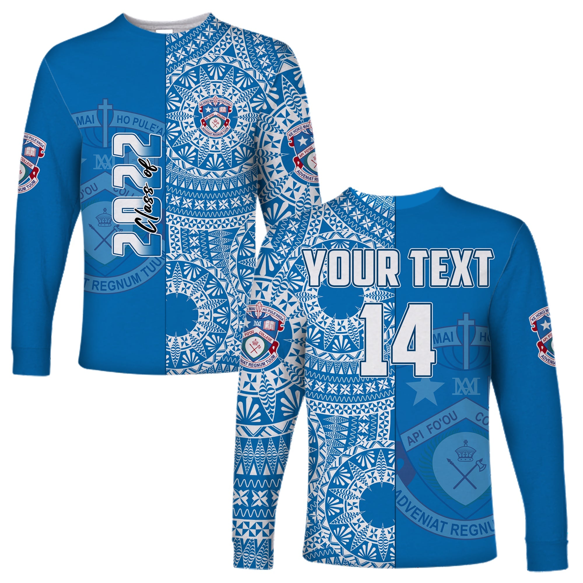 (Custom Text And Number) Apifoou Tonga College Long Sleeve Shirt Class Of Year Tongan Ngatu Pattern LT14 Unisex Blue - Polynesian Pride