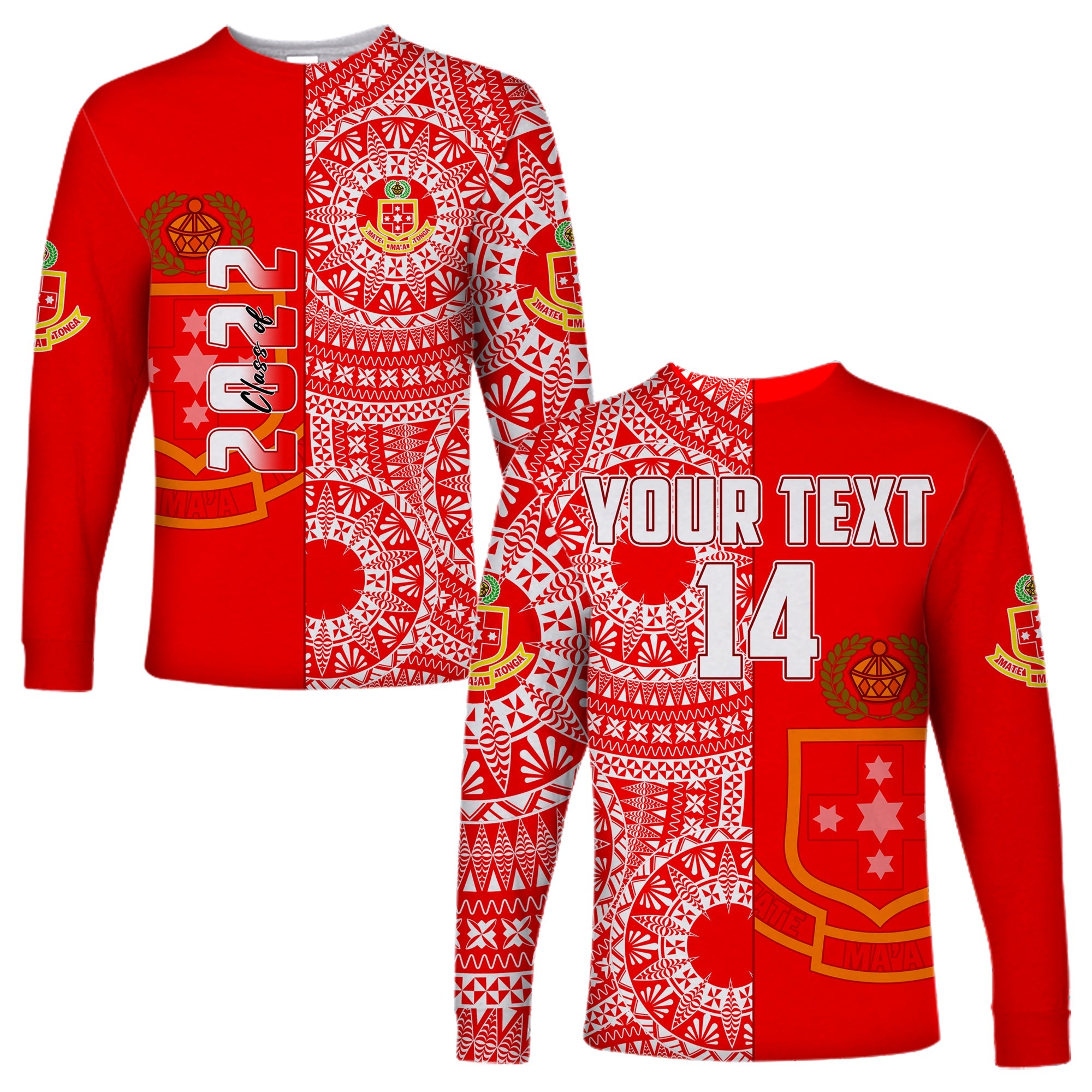 (Custom Text And Number) Kolisi Tonga High School Long Sleeve Shirt Class Of Year Tongan Ngatu Pattern LT14 Unisex Red - Polynesian Pride