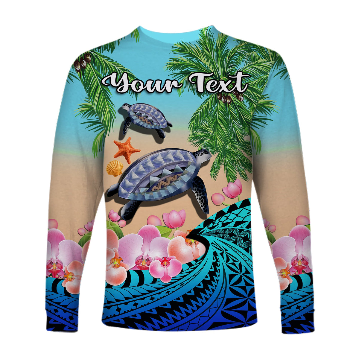 (Custom Personalised) Polynesian Turtle Coconut Tree And Orchids Long Sleeve Shirt LT14 - Polynesian Pride