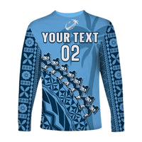 (Custom Text And Number) Fiji Tapa Rugby Long Sleeve Shirt Fijian Cibi Dance Tapa Pattern Blue LT14 - Polynesian Pride