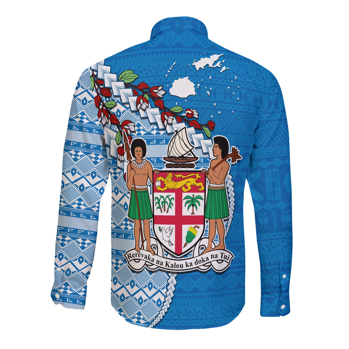 Fiji Long Sleeve Button Shirt Fijian Drua Mix Tagimaucia Flower Blue Style LT14 - Polynesian Pride