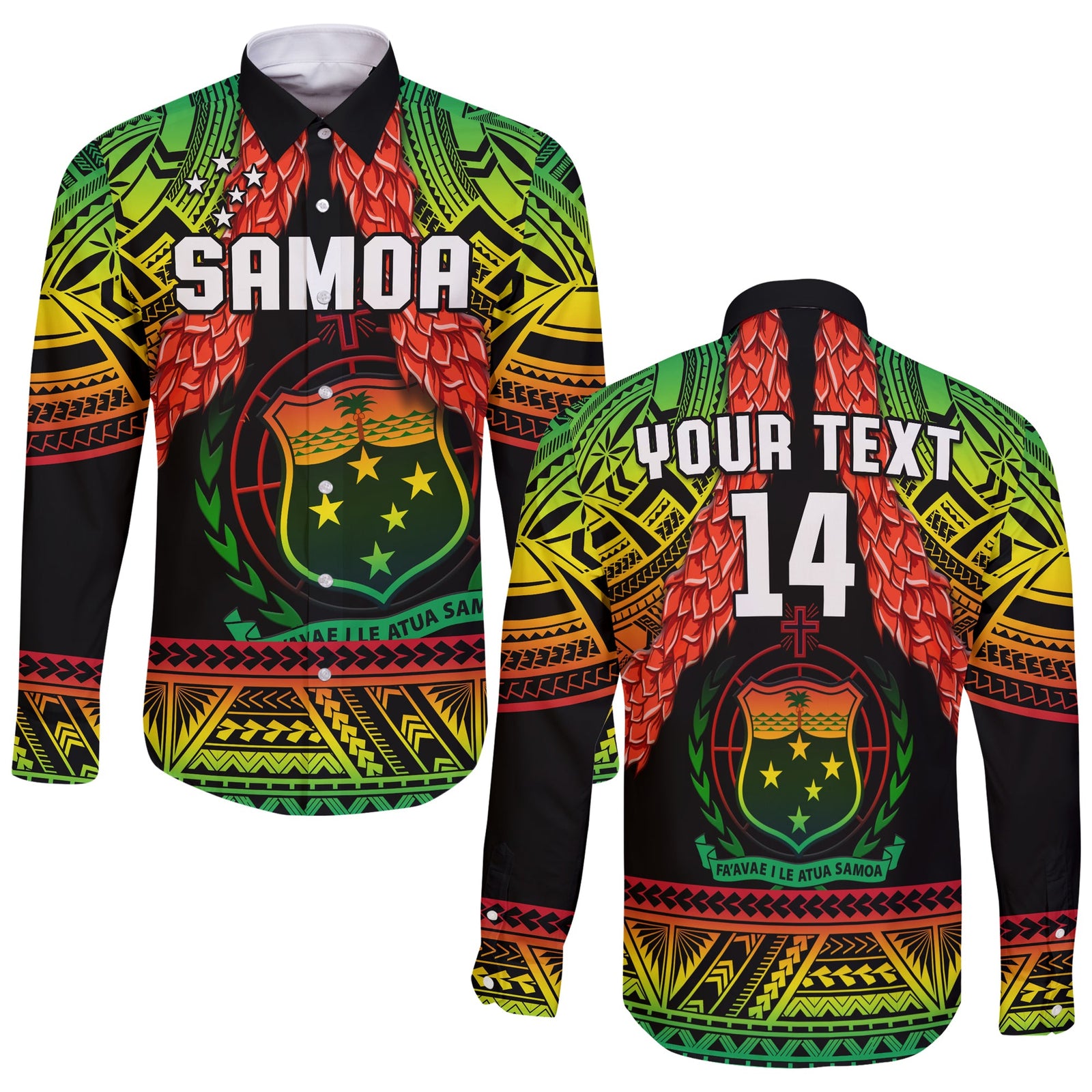 (Custom Text And Number) Samoa Rugby Long Sleeve Button Shirt Teuila Torch Ginger Gradient Style LT14 Unisex Black - Polynesian Pride