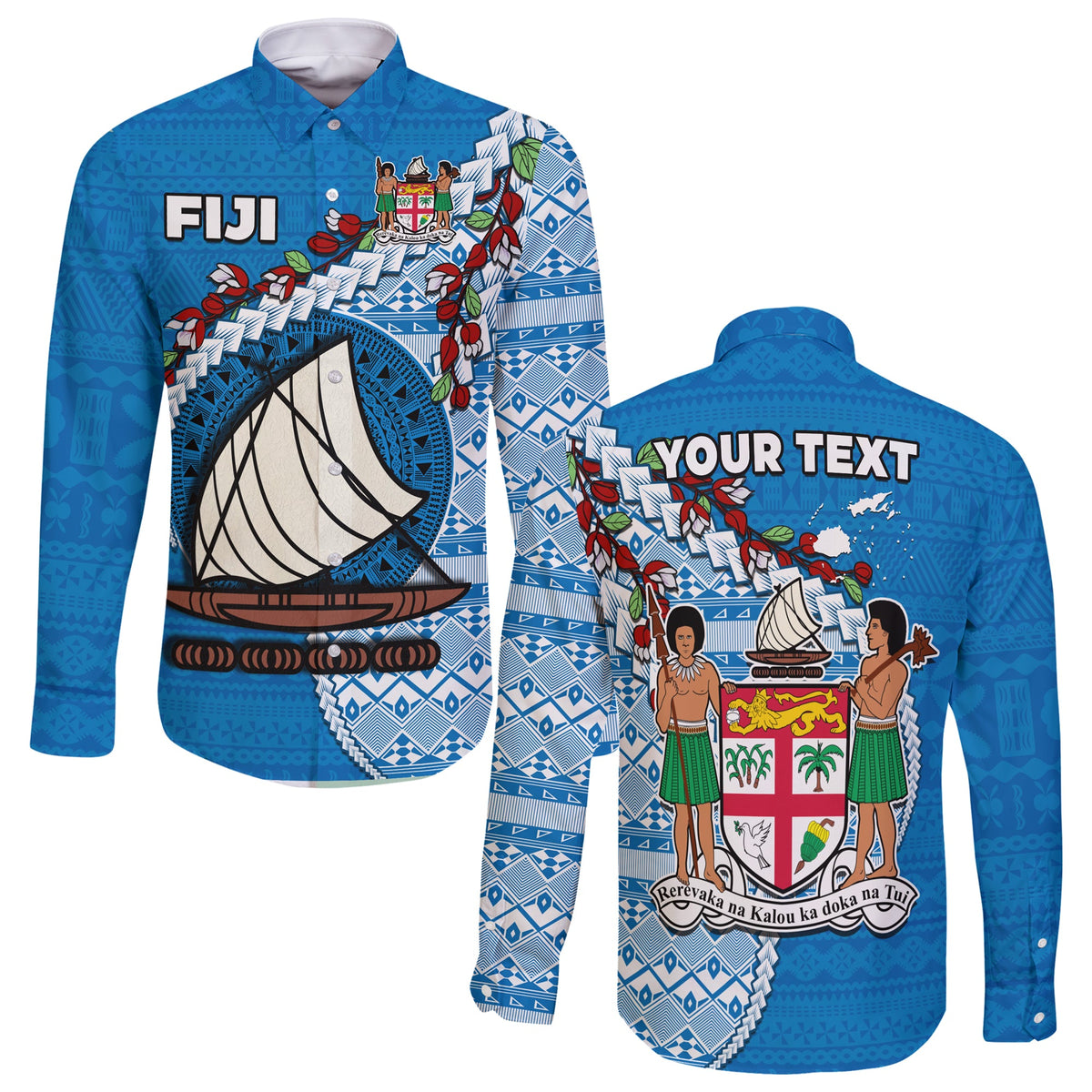 (Custom Personalised) Fiji Long Sleeve Button Shirt Fijian Drua Mix Tagimaucia Flower Blue Style LT14 Unisex Blue - Polynesian Pride