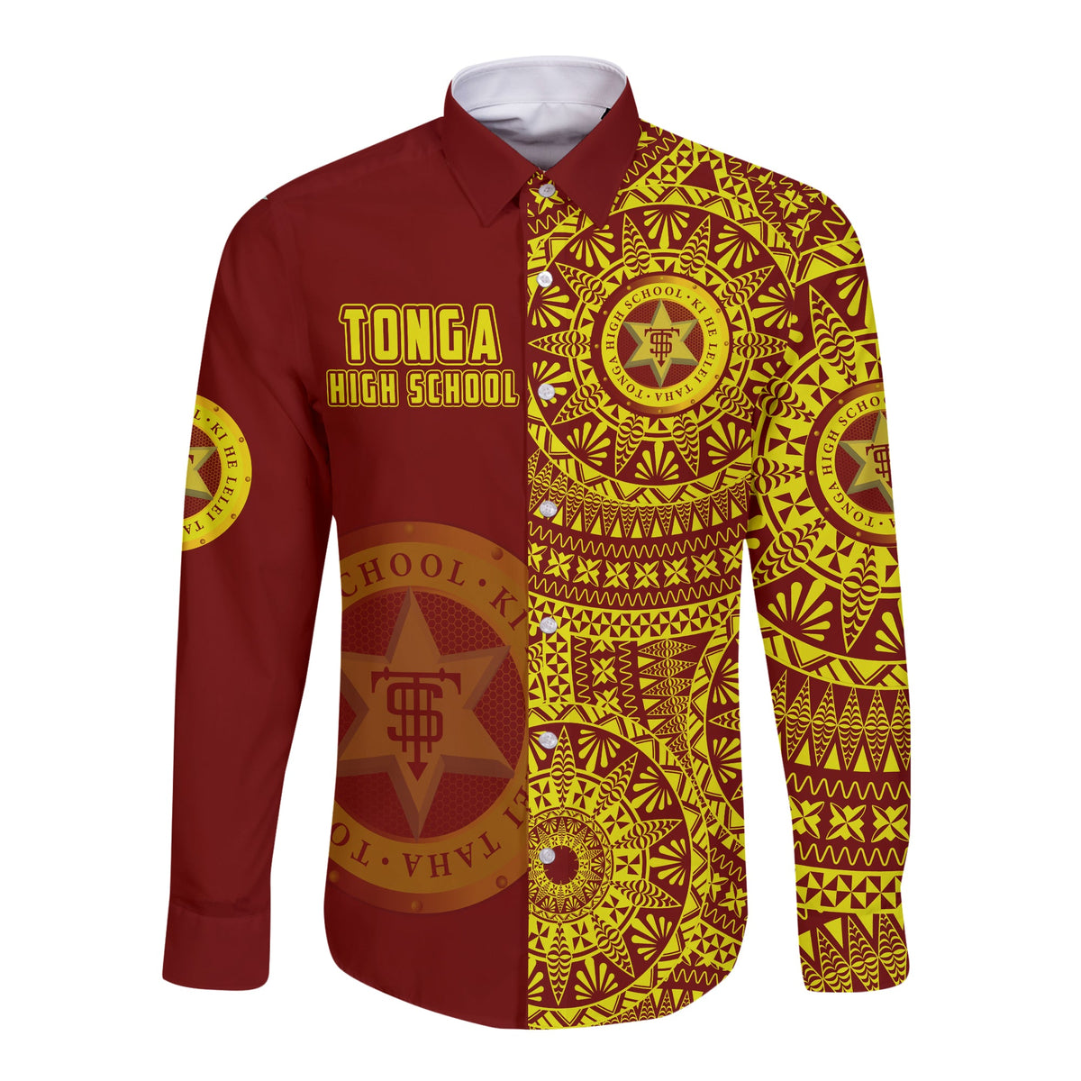 (Custom Personalised) Tonga High School Long Sleeve Button Shirt Tongan Ngatu Pattern LT14 - Polynesian Pride