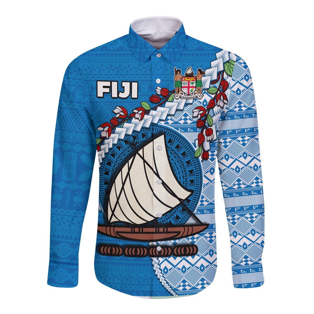 Fiji Long Sleeve Button Shirt Fijian Drua Mix Tagimaucia Flower Blue Style LT14 Unisex Blue - Polynesian Pride