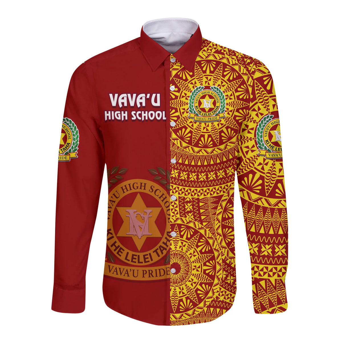 (Custom Personalised) Tonga Vavau High School Long Sleeve Button Shirt Tongan Ngatu Pattern LT14 - Polynesian Pride