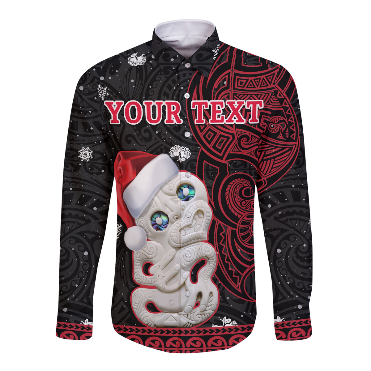 (Custom Personalised) New Zealand Christmas Long Sleeve Button Shirt Hei Tiki Red Pohutukawa Meri Kirihimete LT14 - Polynesian Pride
