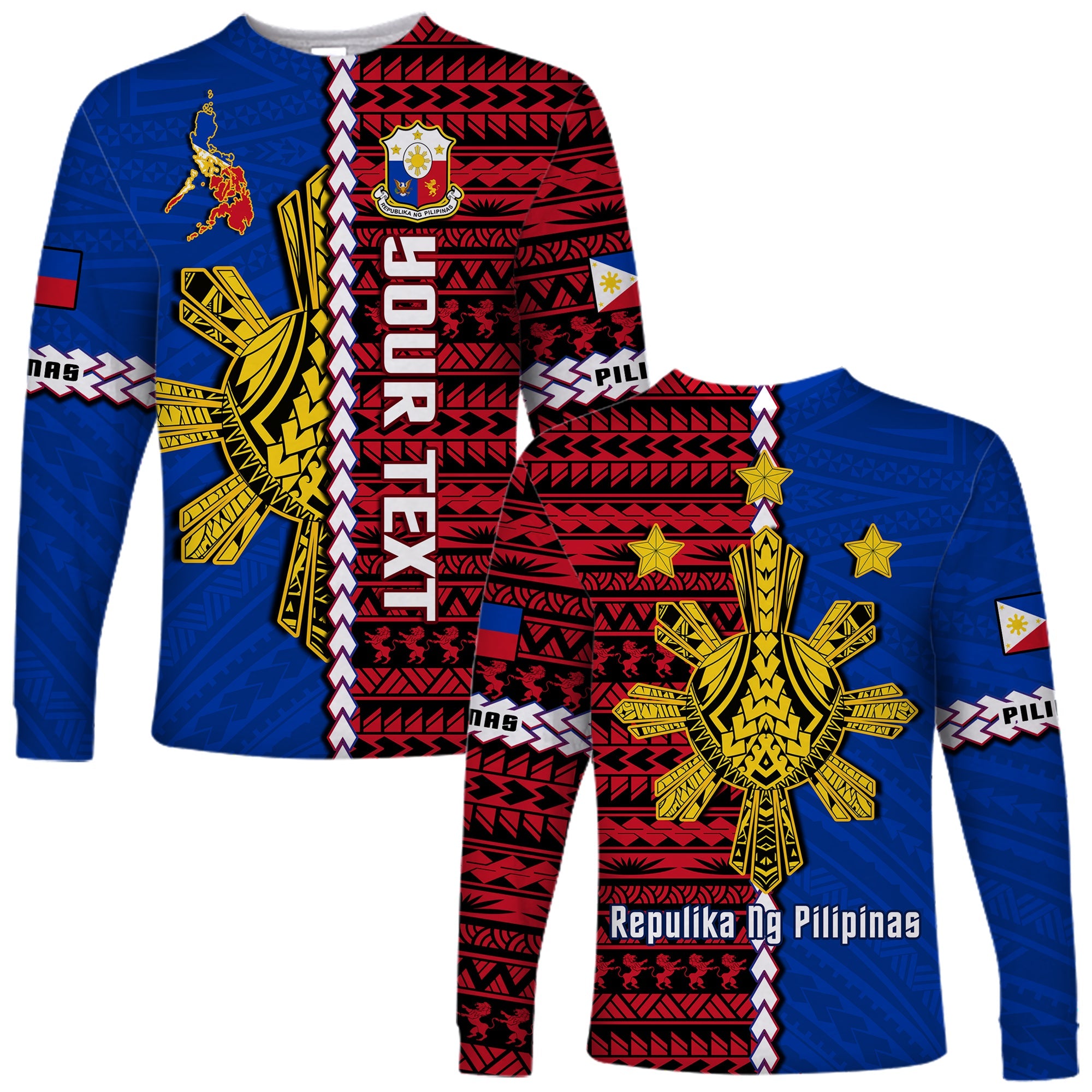 (Custom Personalised) Philippines Long Sleeve Shirt Pilipinas Sun Mix Polynesian Pattern LT14 Unisex Red - Polynesian Pride