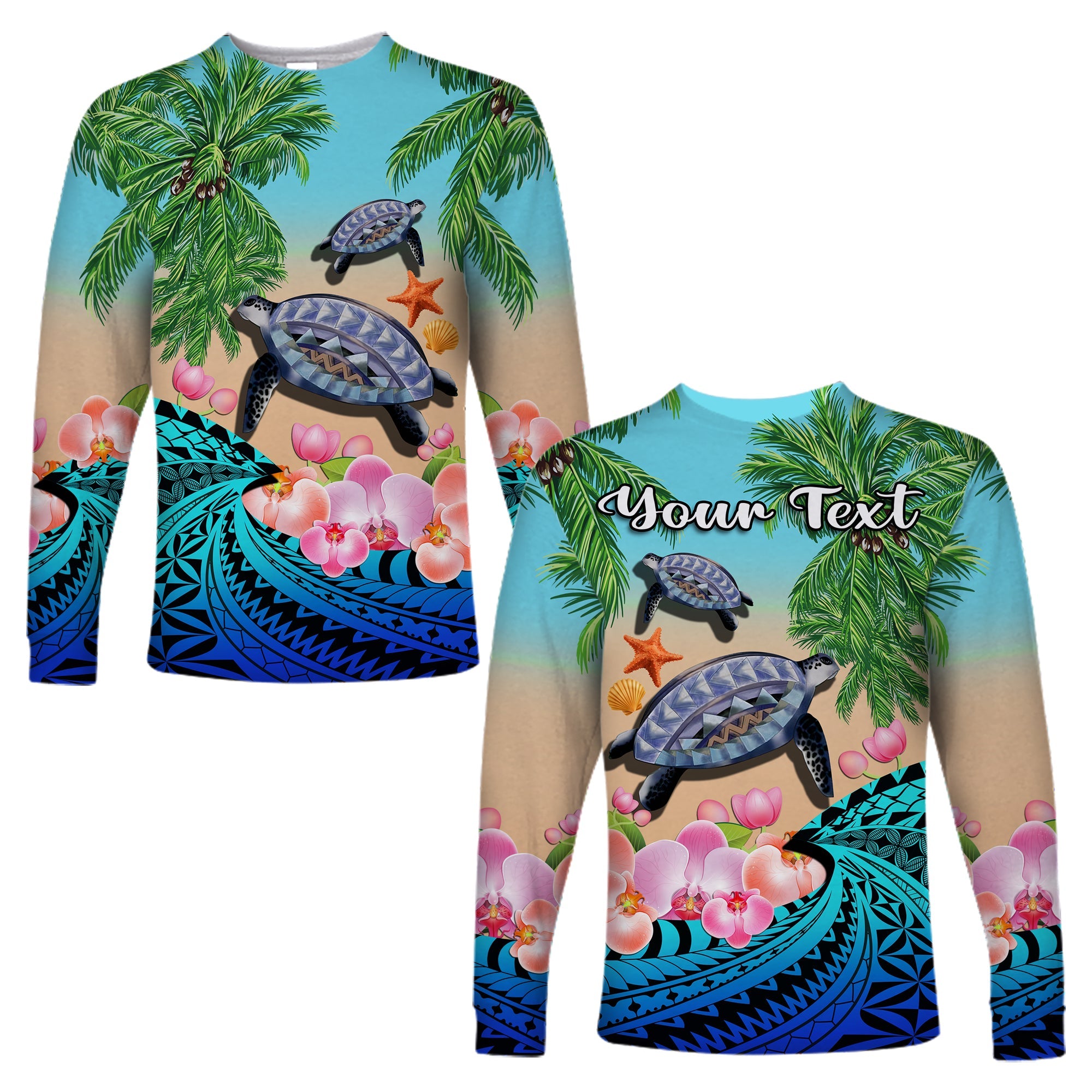 (Custom Personalised) Polynesian Turtle Coconut Tree And Orchids Long Sleeve Shirt LT14 Unisex Blue - Polynesian Pride