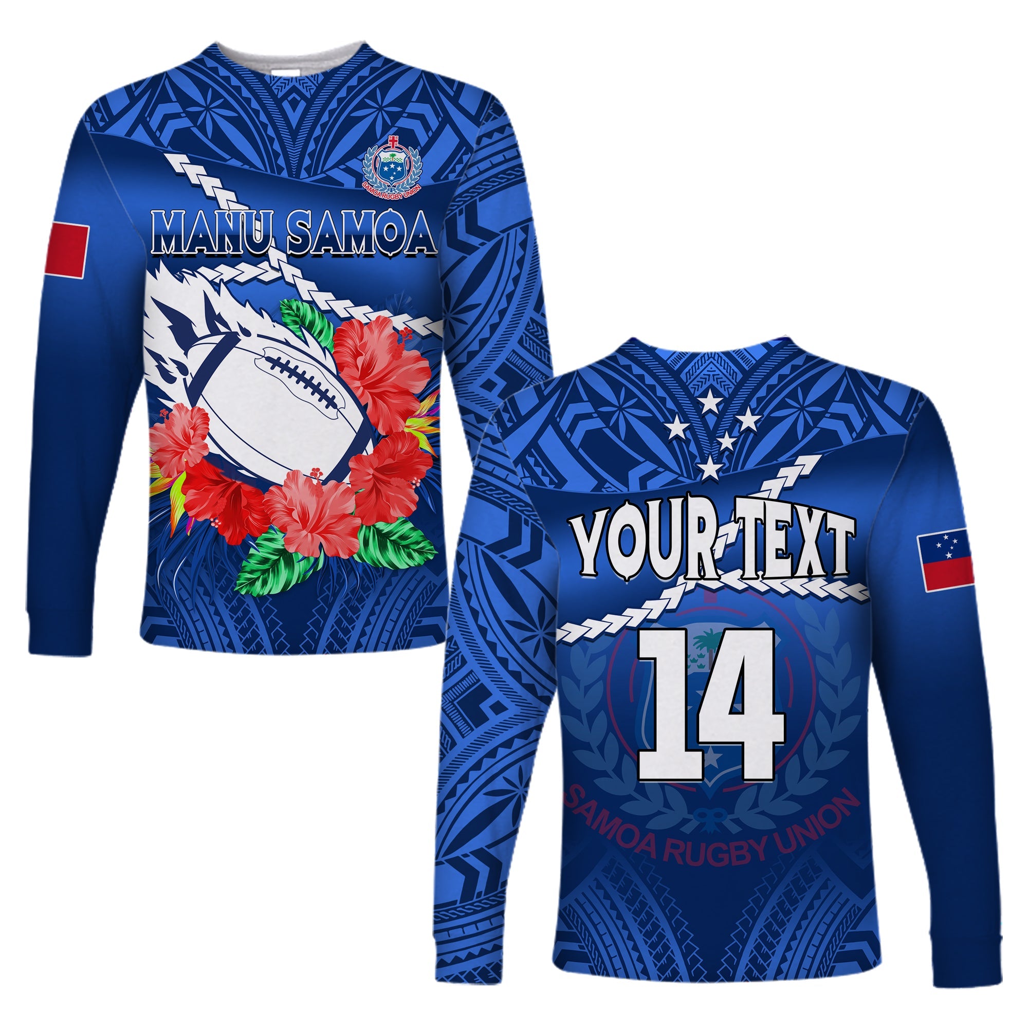 (Custom Text And Number) Samoa Rugby Long Sleeve Shirt Manu Samoa Polynesian Hibiscus Blue Style LT14 Unisex Blue - Polynesian Pride