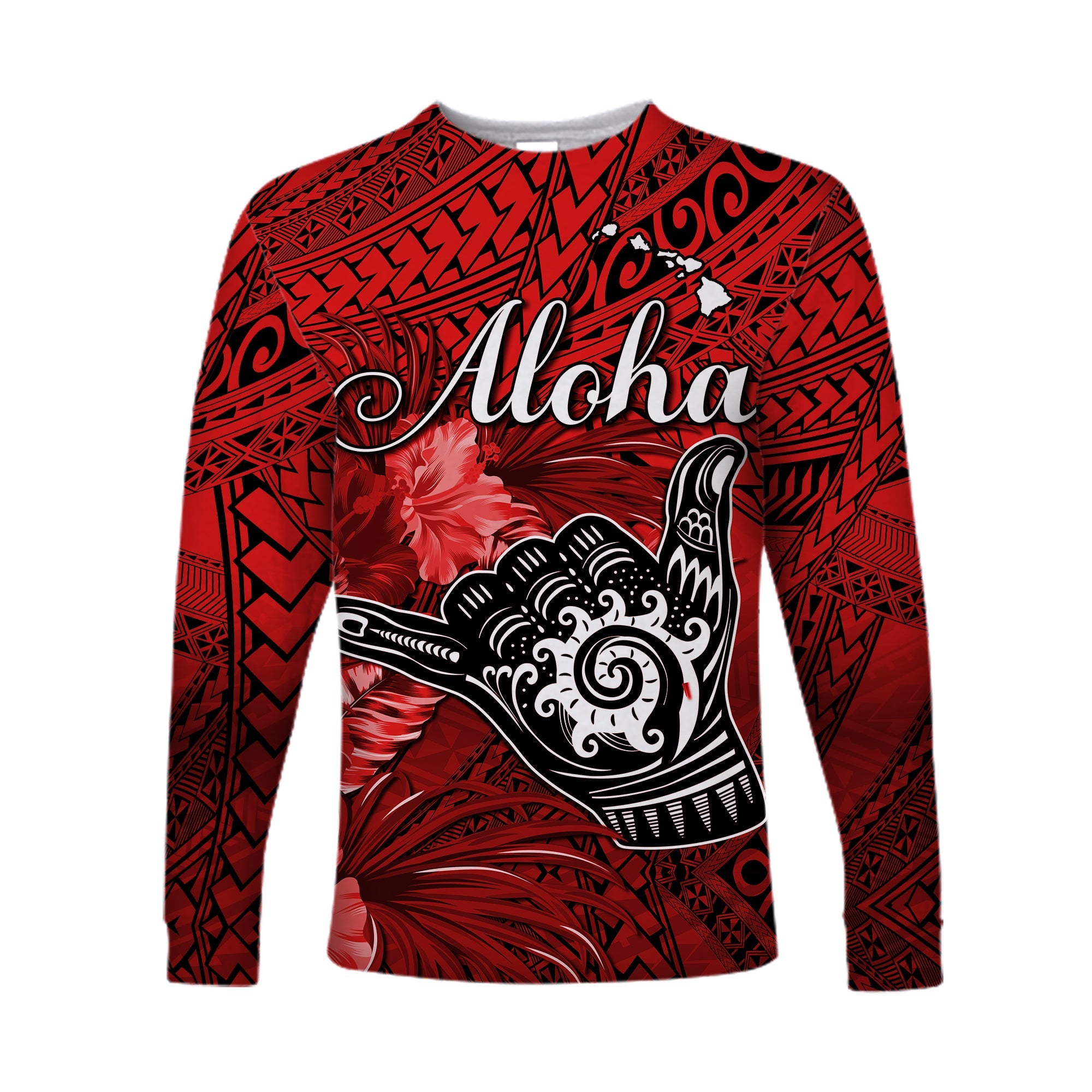 The Shaka Hawaii Long Sleeve Shirt Tropical Flowers Red Version LT13 Unisex Red - Polynesian Pride