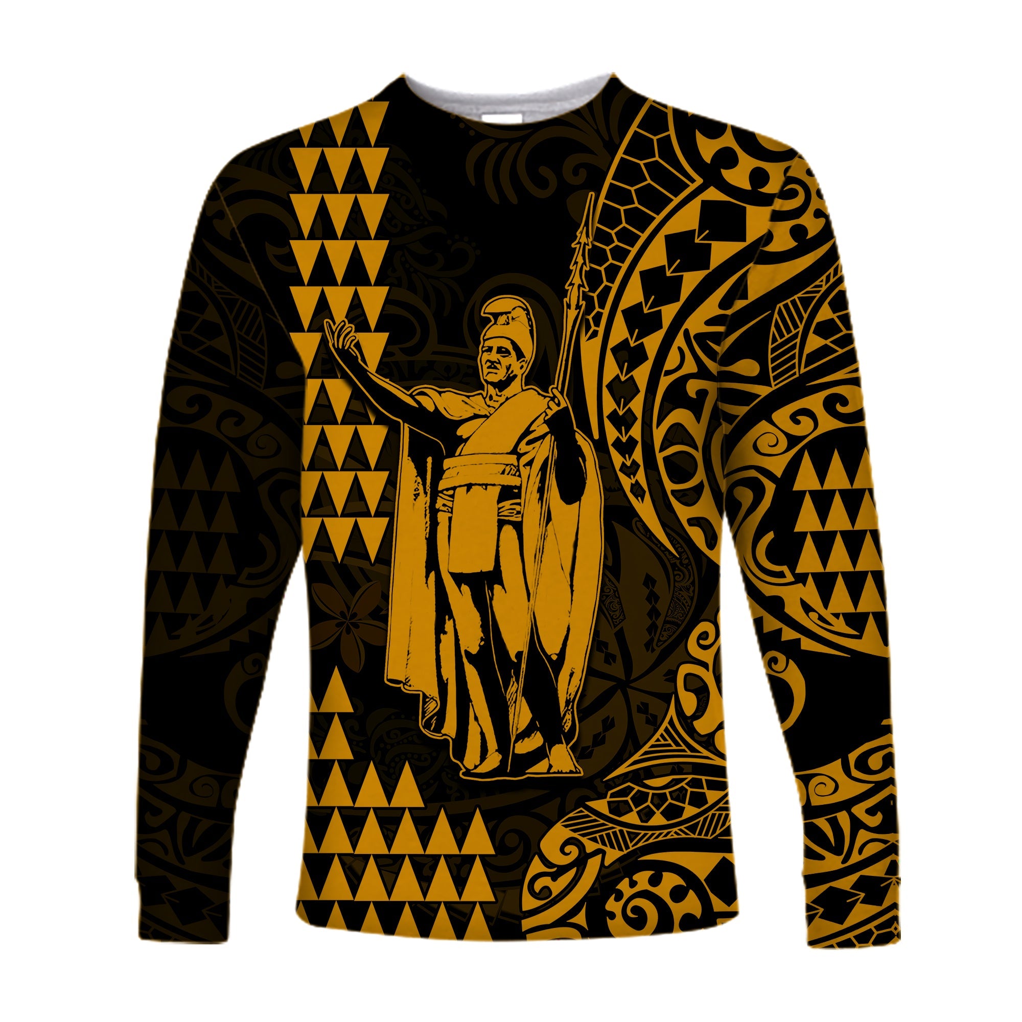 Hawaii Day Kakau Long Sleeve Shirt Proud To Be Hawaiian Gold King Kamehameha and Kanaka Maoli LT13 Unisex Gold - Polynesian Pride