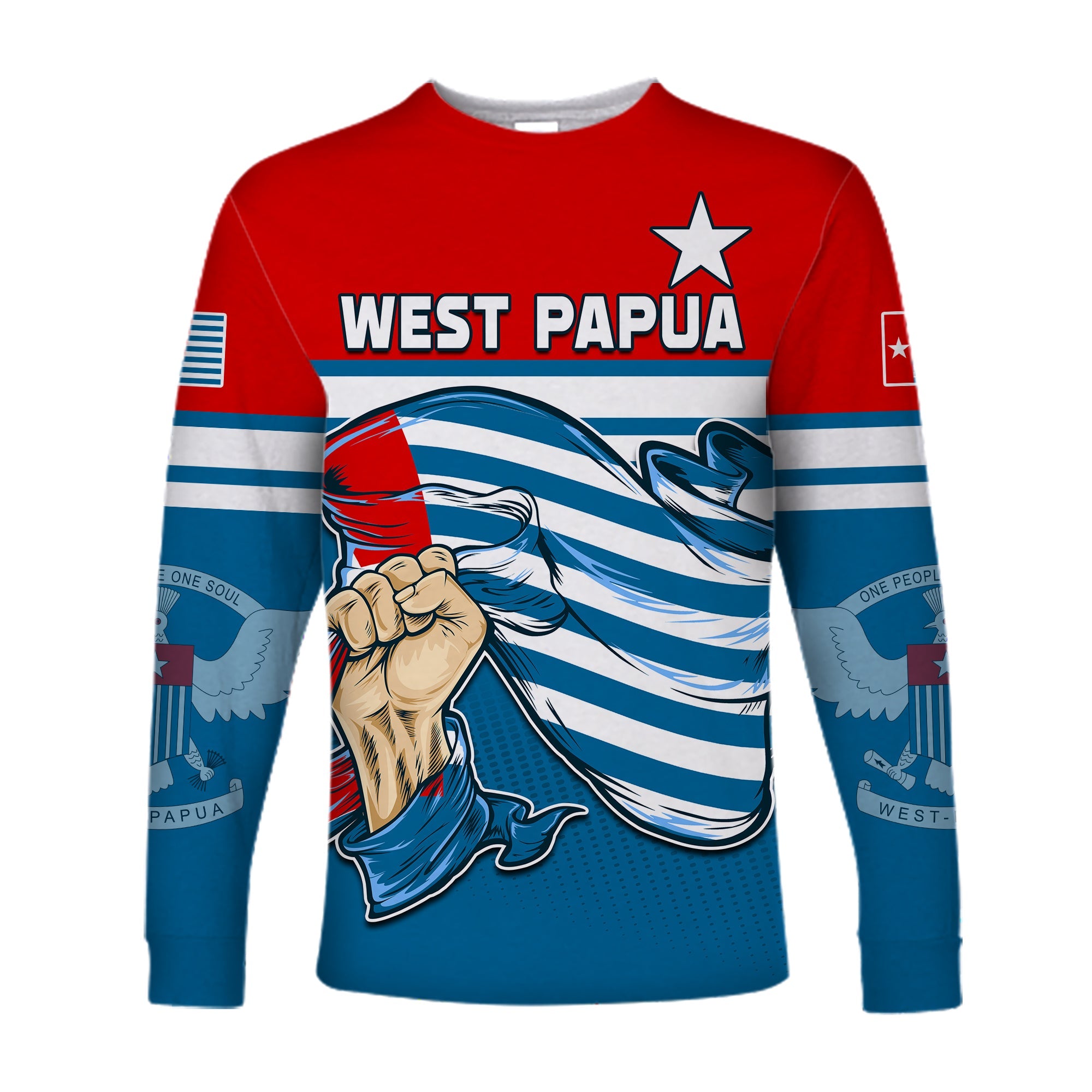 Free West Papua Long Sleeve Shirt One People One Soul Strong West Papuan LT13 Unisex Blue - Polynesian Pride