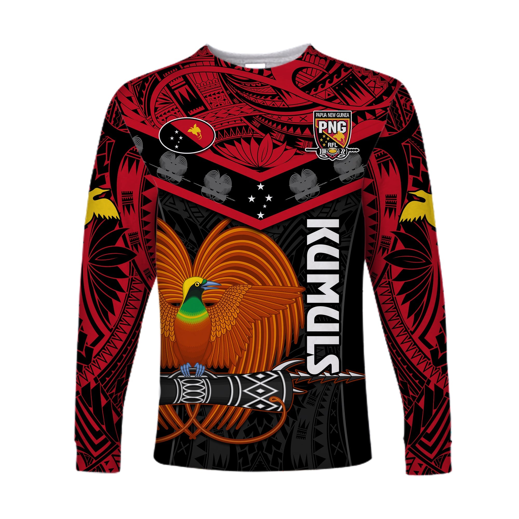 Papua New Guinea Rugby Long Sleeve Shirt PNG Kumuls Bird Of Paradise Black LT14 Unisex Black - Polynesian Pride