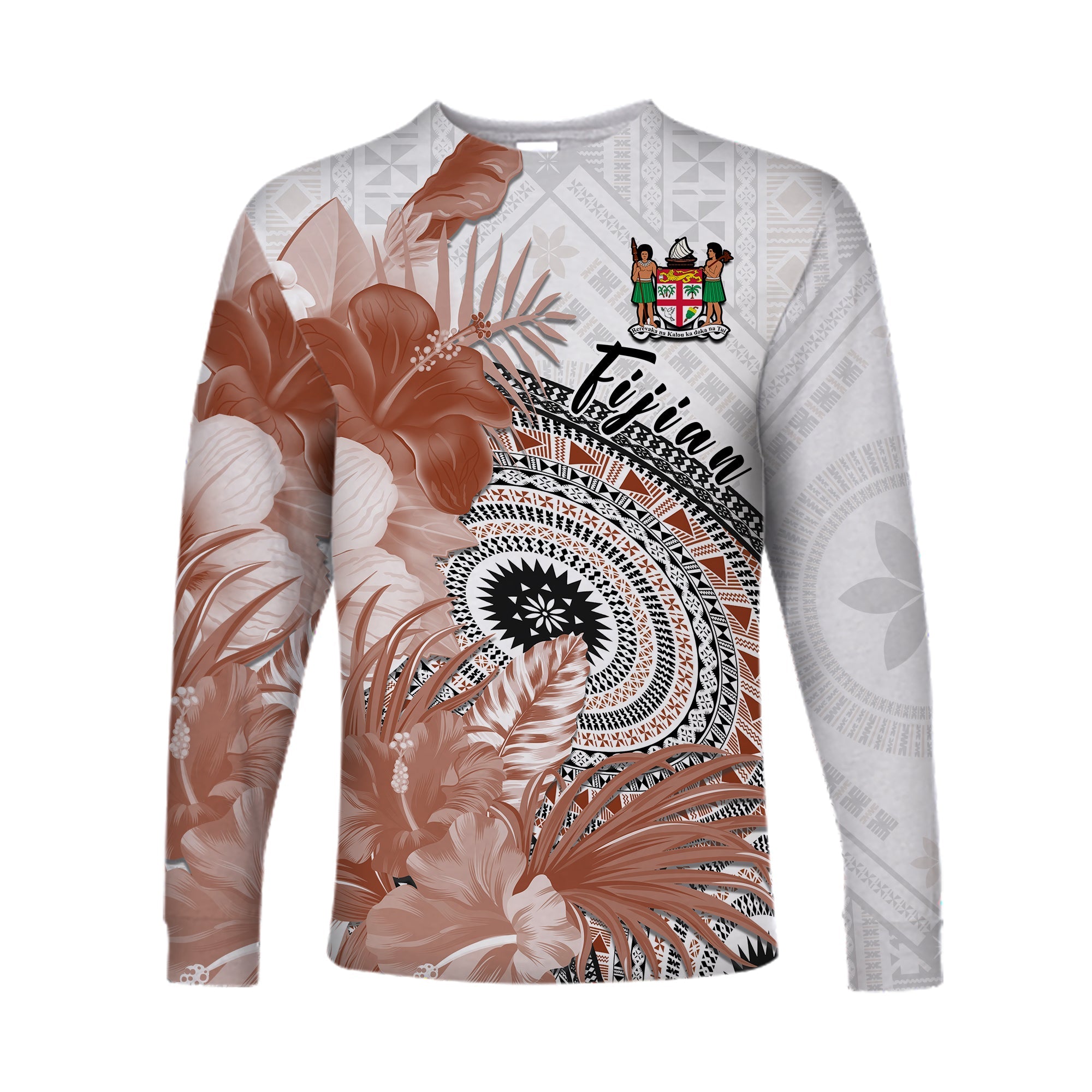 Fiji Tapa Long Sleeve Shirt White Fijian Masi Be Loved Hibiscus LT13 Unisex White - Polynesian Pride