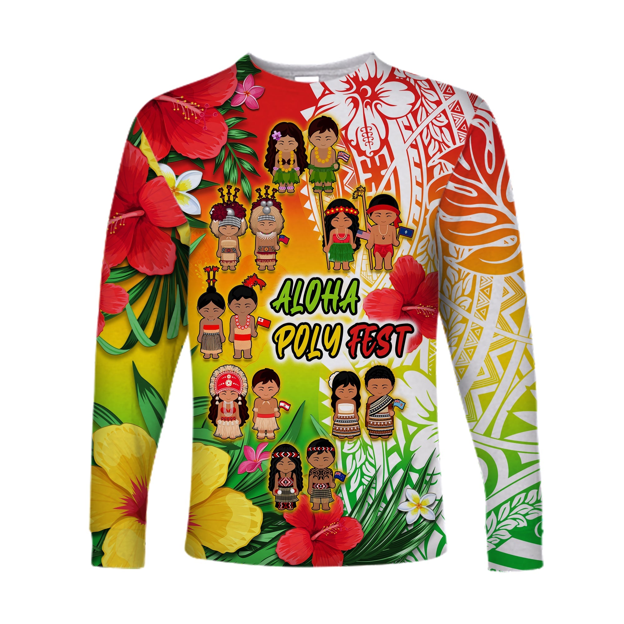 Aloha Poly Fest Long Sleeve Shirt Polynesian Pattern With Tropical Flowers LT14 Unisex Reggae - Polynesian Pride