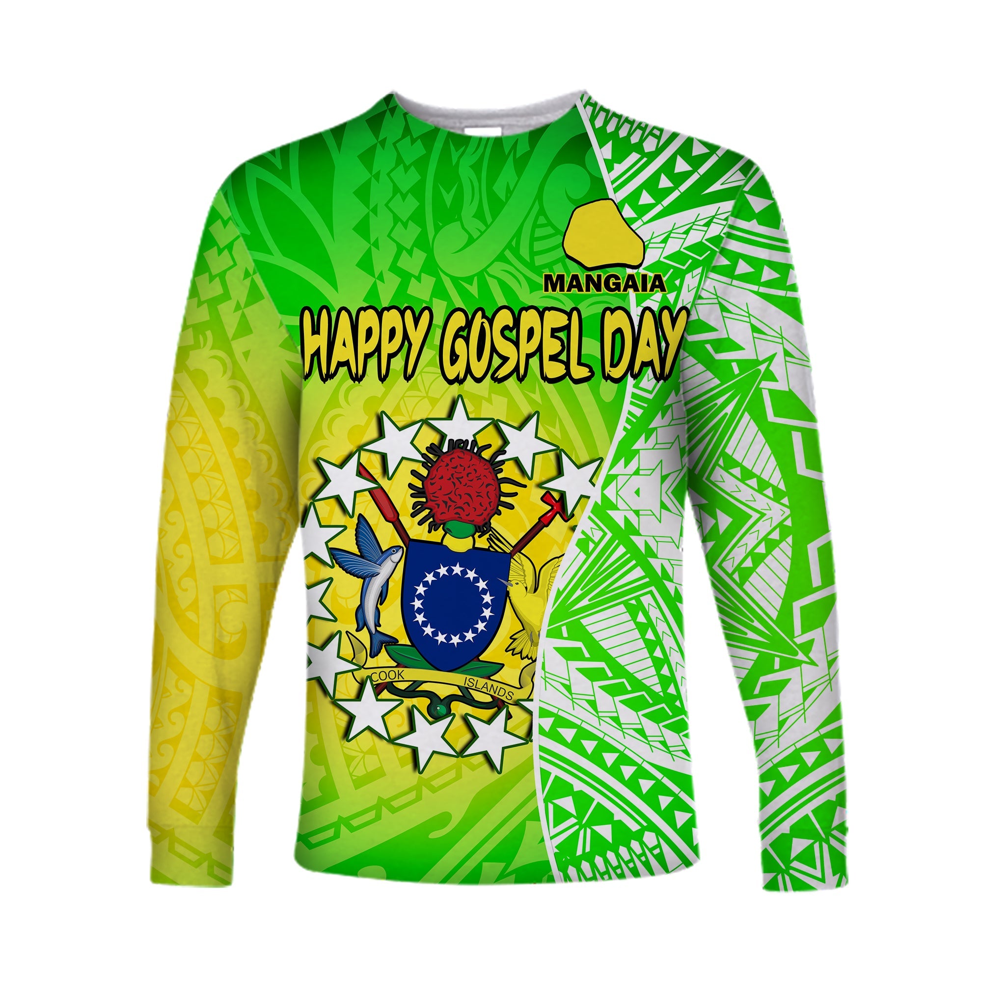 Happy Mangaia Gospel Day Long Sleeve Shirt Cook Islands Coat Of Arms Polynesian Pattern LT14 Unisex Green - Polynesian Pride