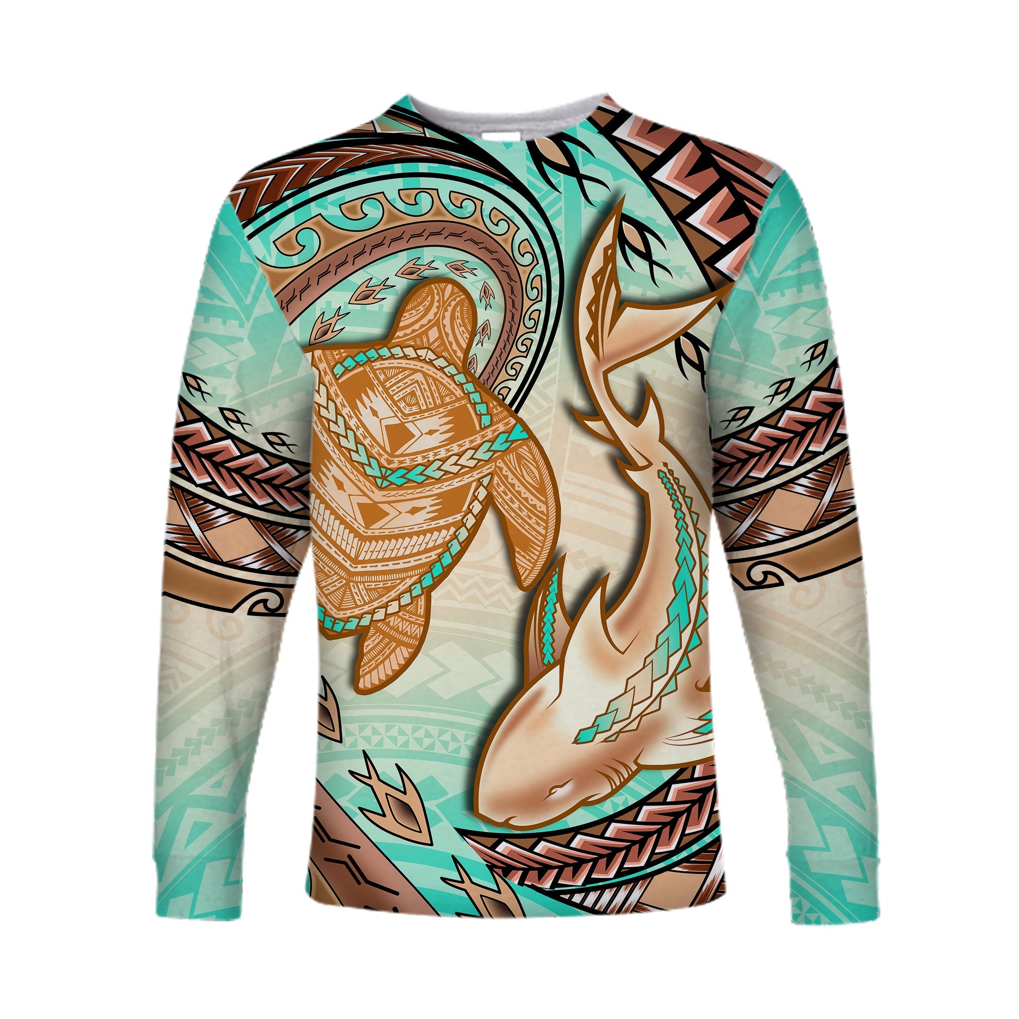 Hawaii Long Sleeve Shirt Polynesian Shark And Sea Turtle Dreamy Turquoise Artsy LT14 Unisex Turquoise - Polynesian Pride