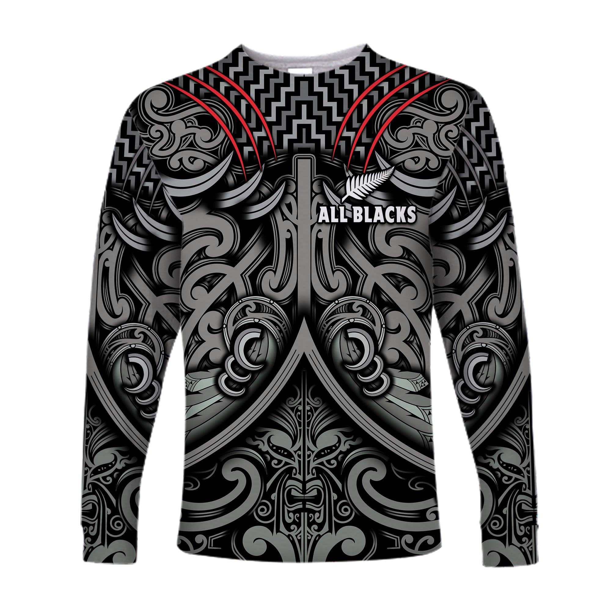 New Zealand Silver Fern Rugby Long Sleeve Shirt All Black NZ Maori Pattern LT13 Unisex Black - Polynesian Pride