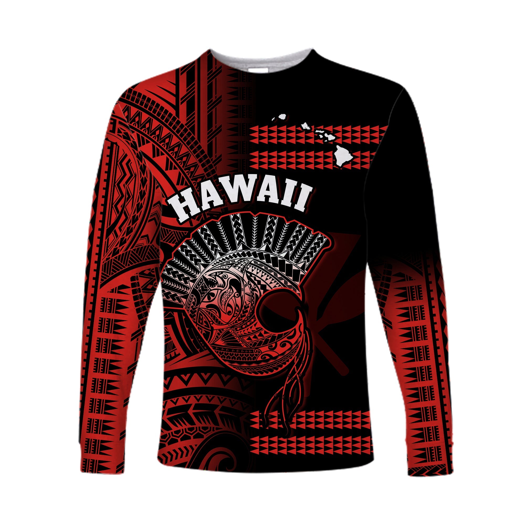 (Custom Personalised) Hawaii Long Sleeve Shirt Kakau Warrior Helmet Gradient Red Polynesian LT14 Unisex Red - Polynesian Pride