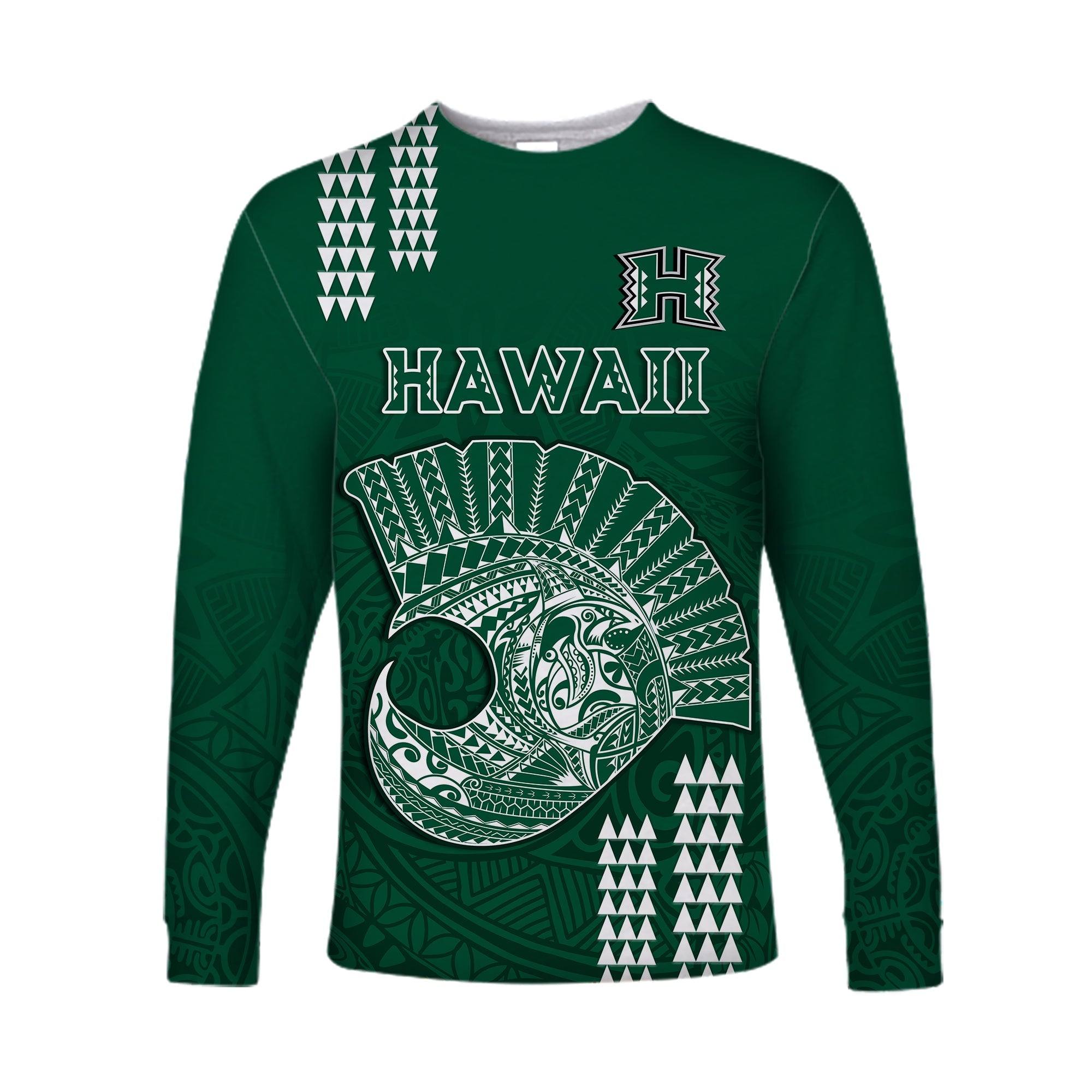 Hawaii Football Long Sleeve Shirt Kakau Rainbow Warriors Helmet LT14 Unisex Green - Polynesian Pride