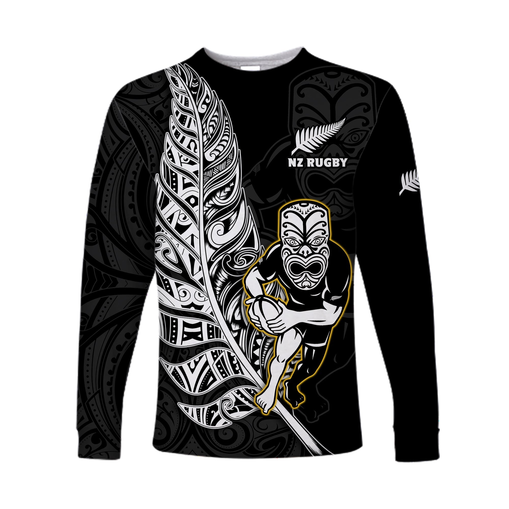 New Zealand Silver Fern Rugby Long Sleeve Shirt All Black Maori Version Black LT14 Unisex Black - Polynesian Pride