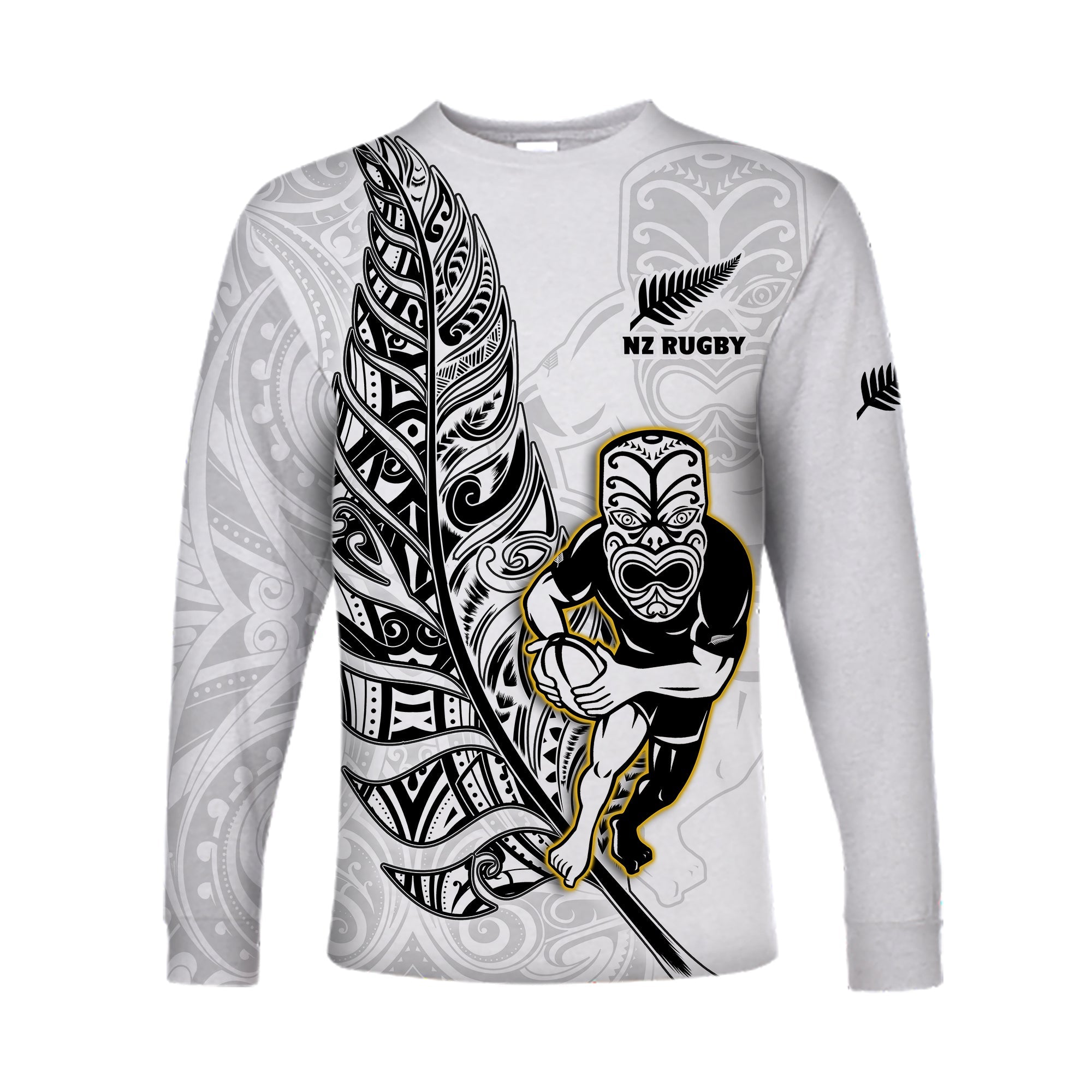 (Custom Text And Number) New Zealand Silver Fern Rugby Long Sleeve Shirt All Black Maori Version White LT14 Unisex White - Polynesian Pride