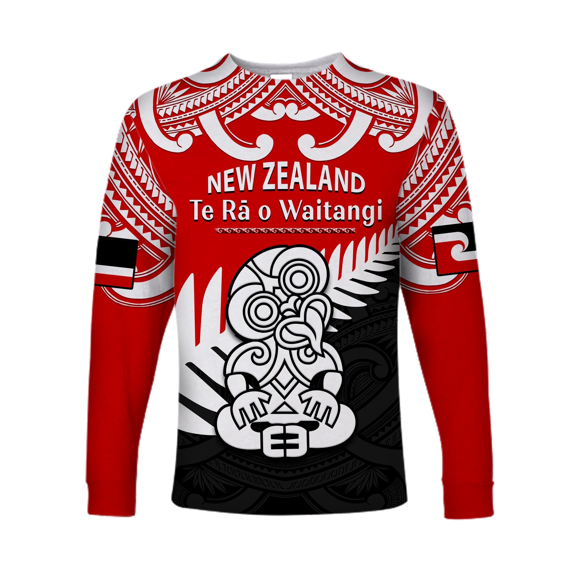 Waitangi Day Long Sleeve Shirt Tino Rangatiratanga Flag With Tiki Maori Fern LT14 Unisex Red - Polynesian Pride