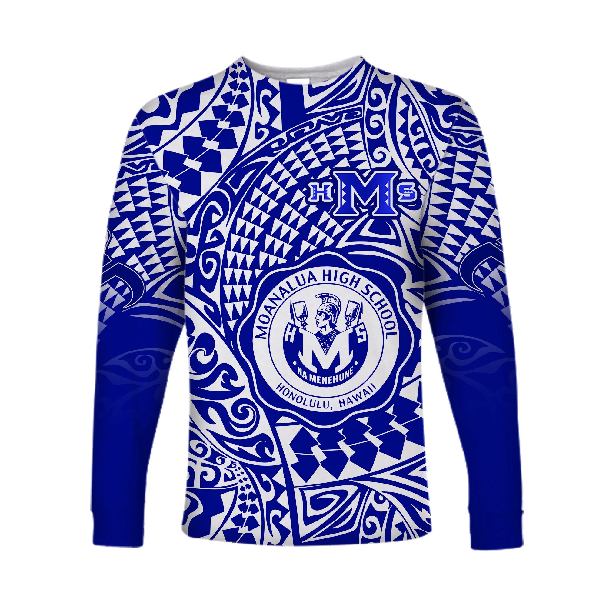 (Custom Text And Number) Hawaii Long Sleeve Shirt Moanalua High School Tribal Kakau LT14 Unisex Blue - Polynesian Pride