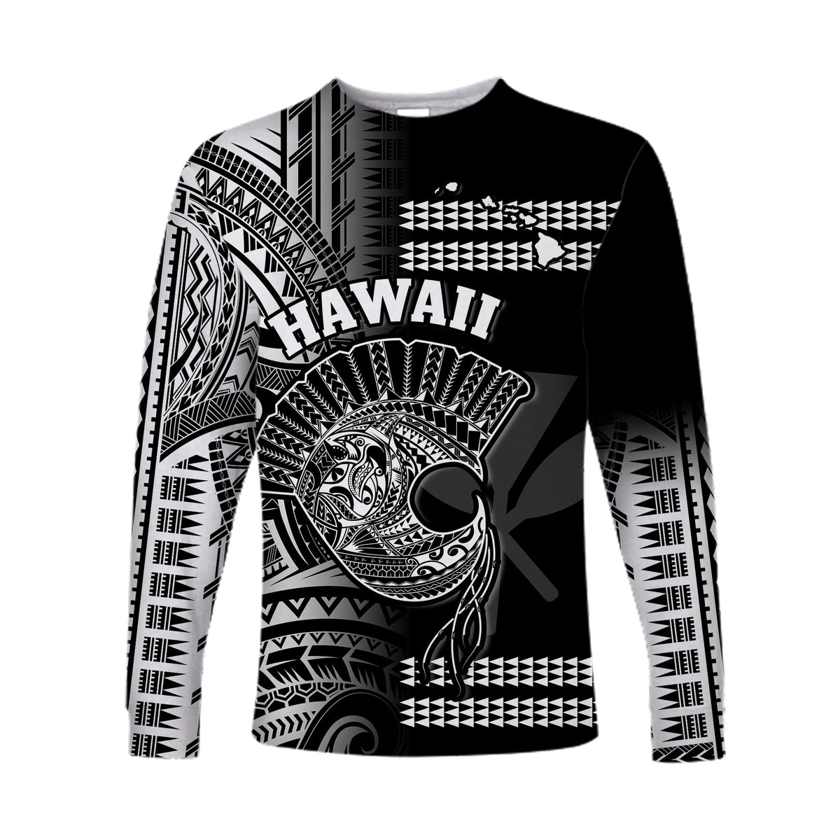(Custom Personalised) Hawaii Long Sleeve Shirt Kakau Warrior Helmet Gradient White Polynesian LT14 Unisex White - Polynesian Pride