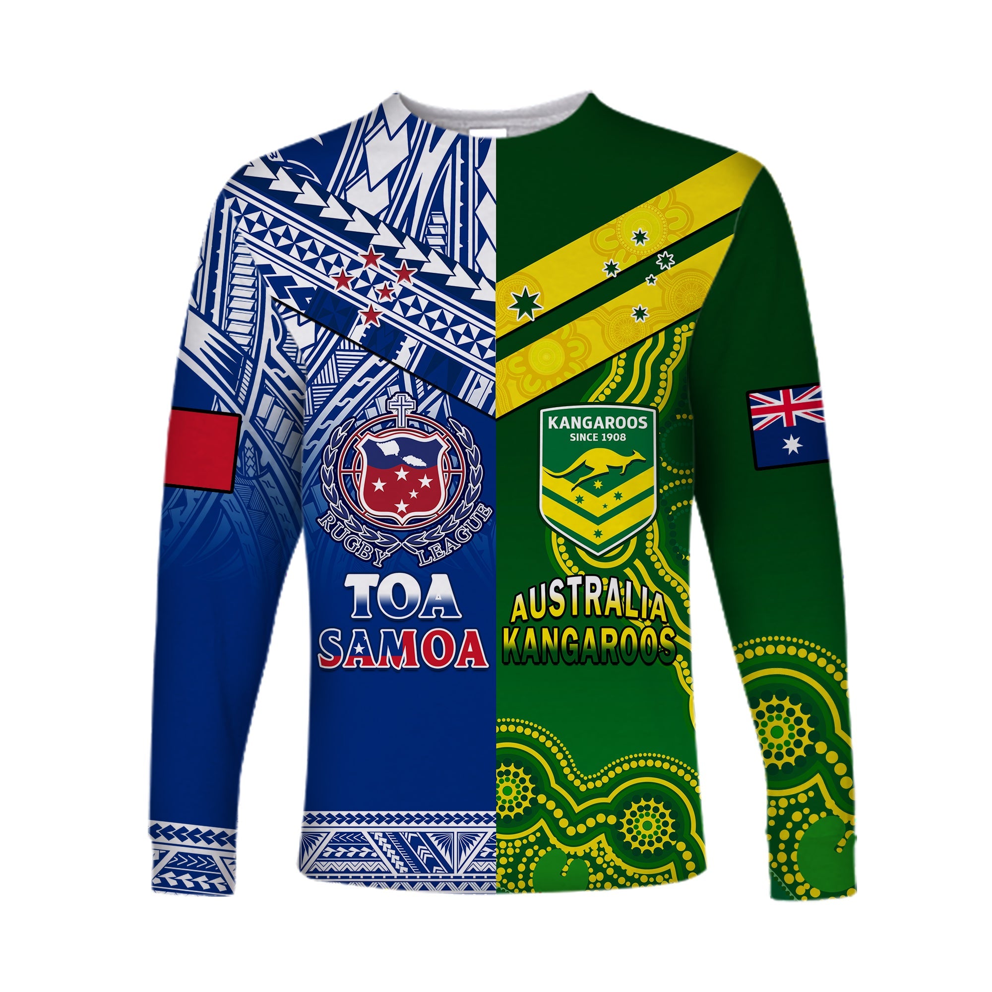 (Custom Personalised) Samoa Rugby and Australia Rugby Long Sleeve Shirt Toa Samoa Mix Kangaroos Pacific LT14 Unisex Art - Polynesian Pride