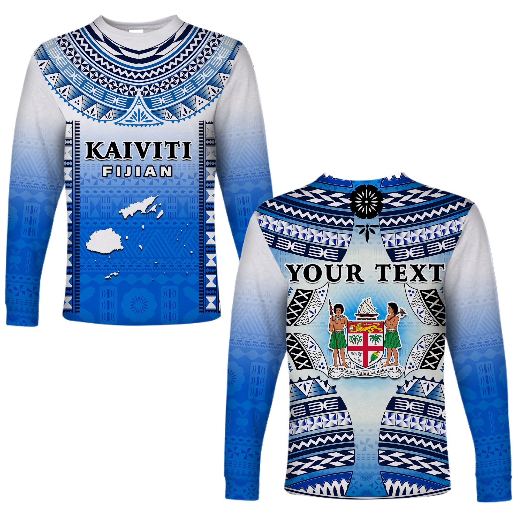 Custom Text And Number Fiji Long Sleeve Shirt Kaiviti Fijian Special Tapa Pattern LT14 Unisex Blue - Polynesian Pride