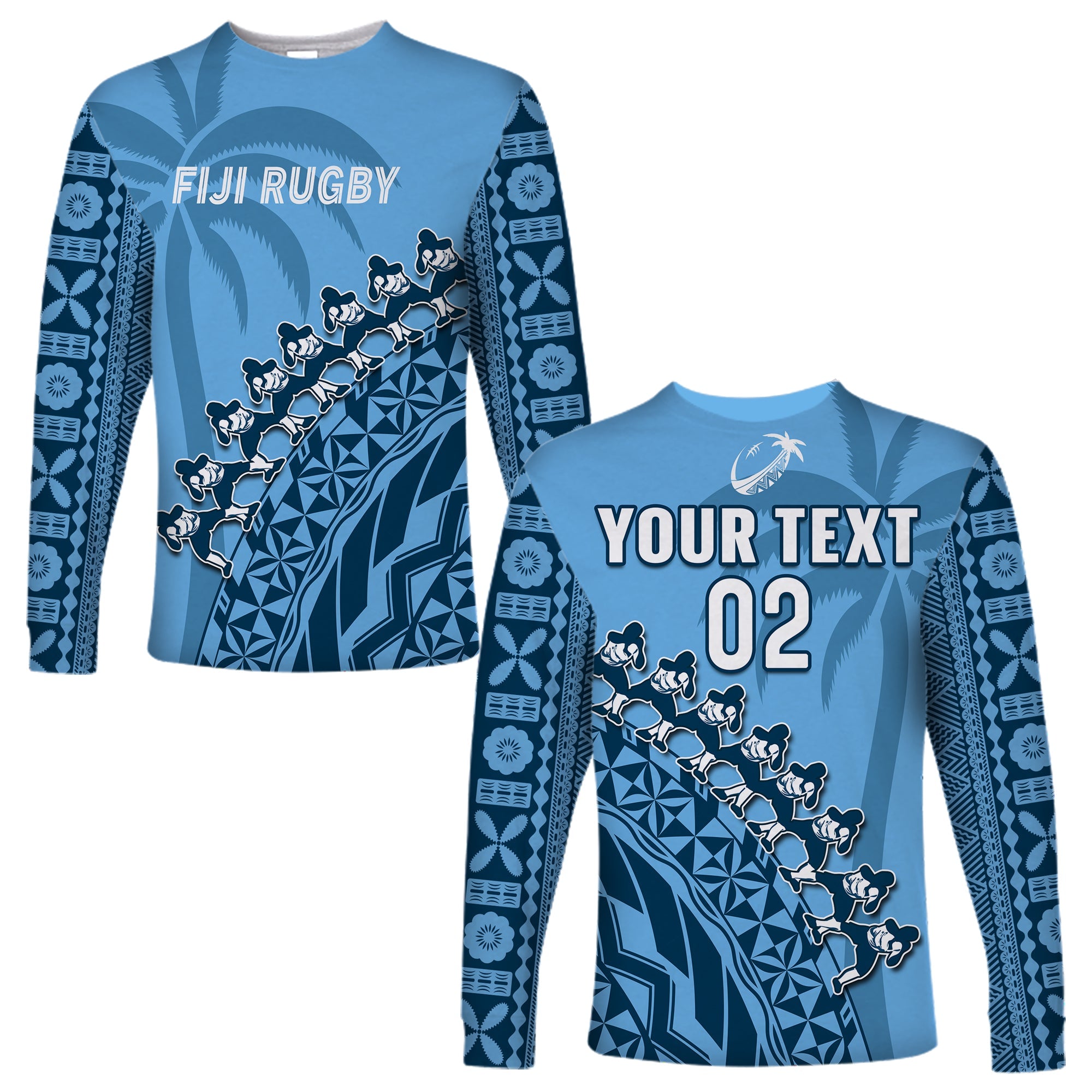 (Custom Text And Number) Fiji Tapa Rugby Long Sleeve Shirt Fijian Cibi Dance Tapa Pattern Blue LT14 Unisex Blue - Polynesian Pride